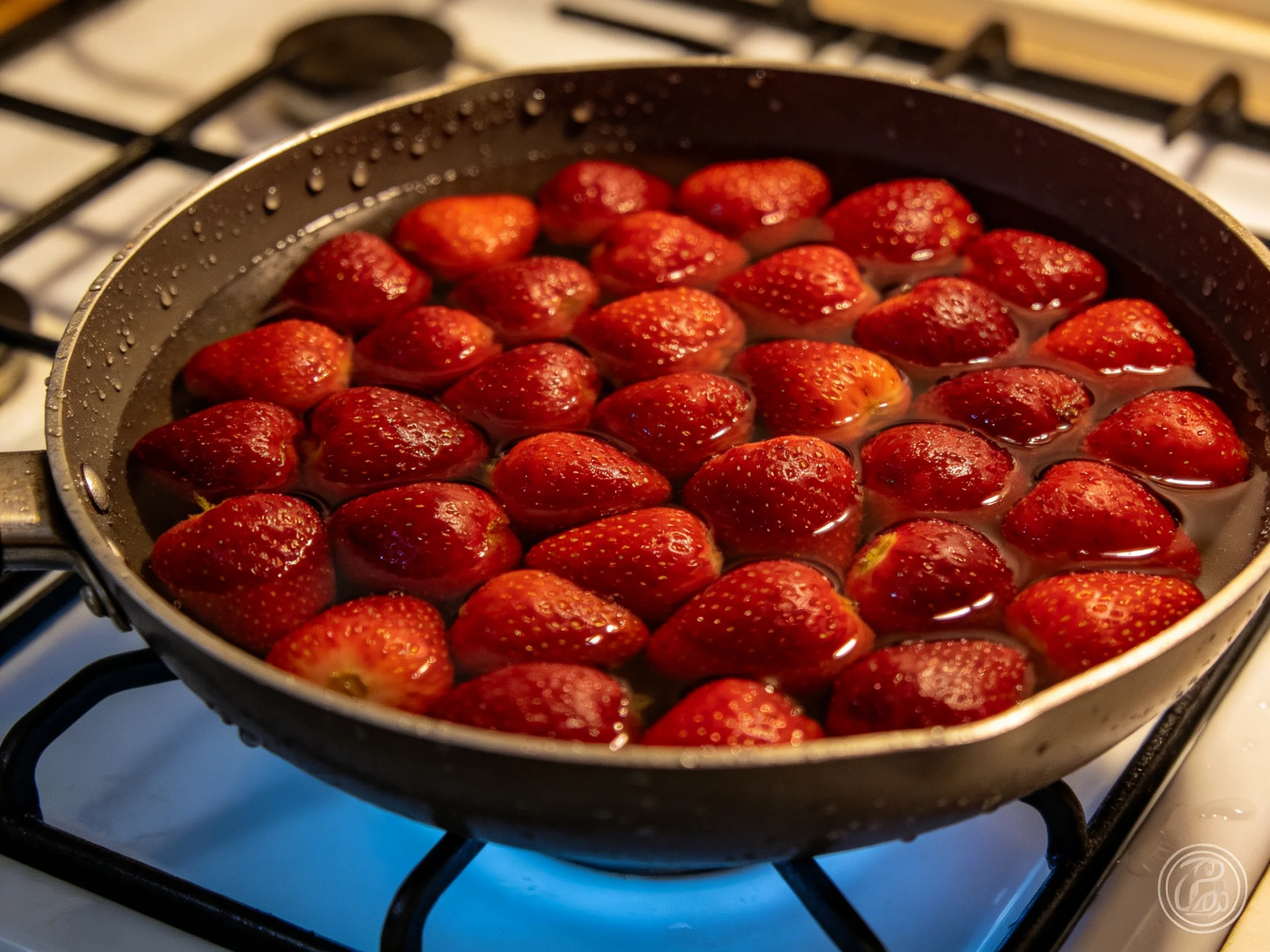 Fresh strawberries simmering in liquid within a black skillet on a lit gas stove