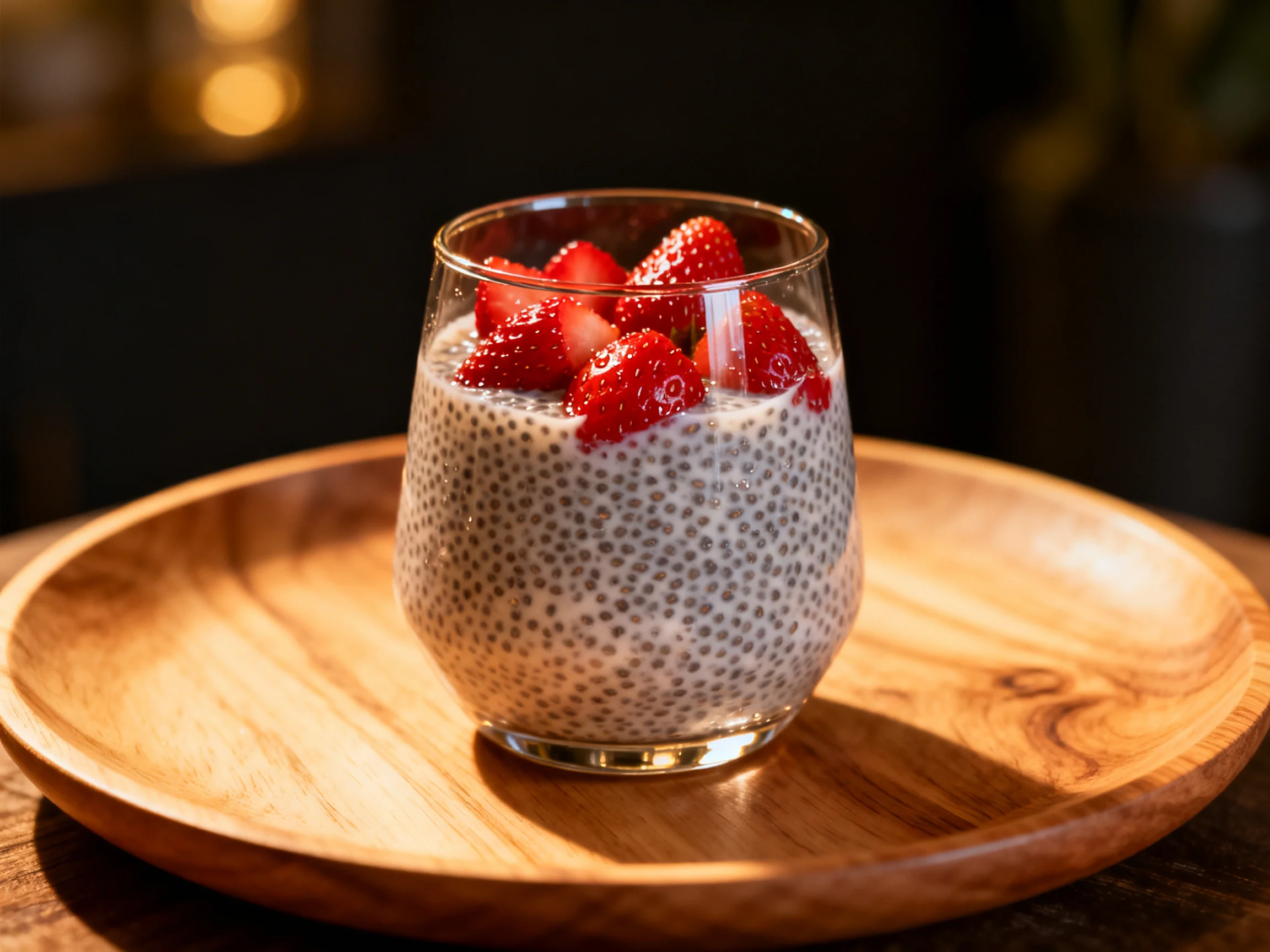 Fresh strawberries top a glass of chia seed pudding