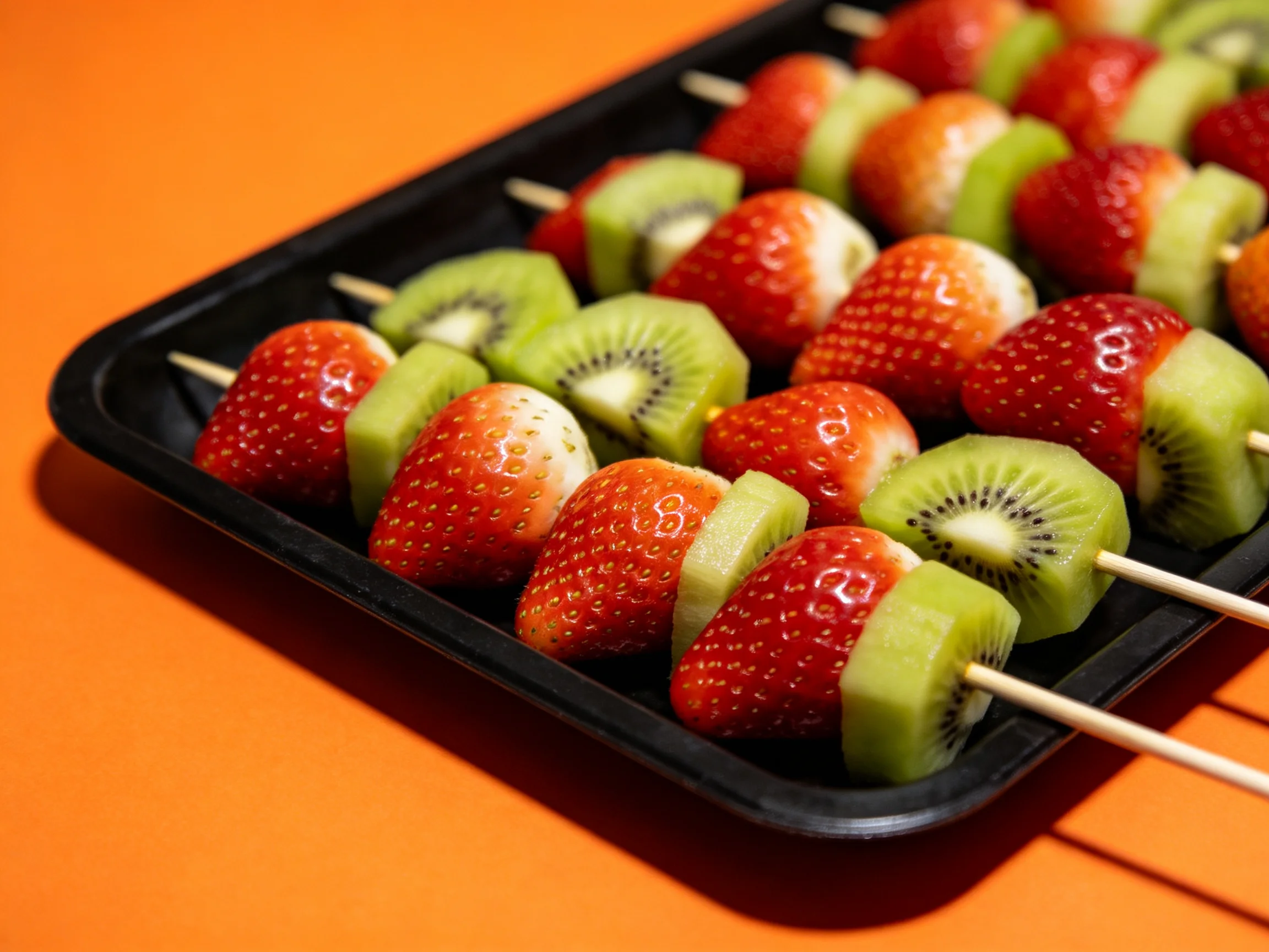 Fresh strawberry and kiwi fruit kebabs arranged on a black tray