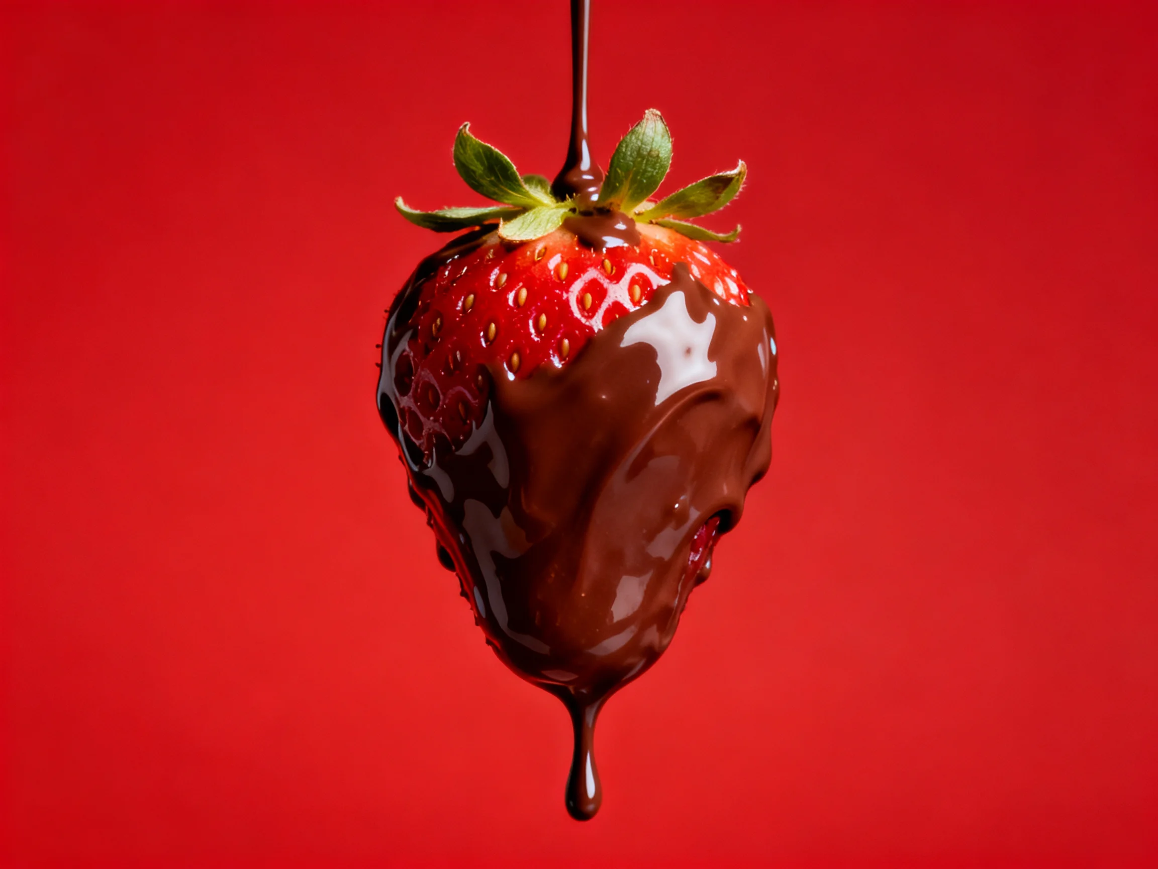 Fresh strawberry drizzled with rich chocolate against a bold red background