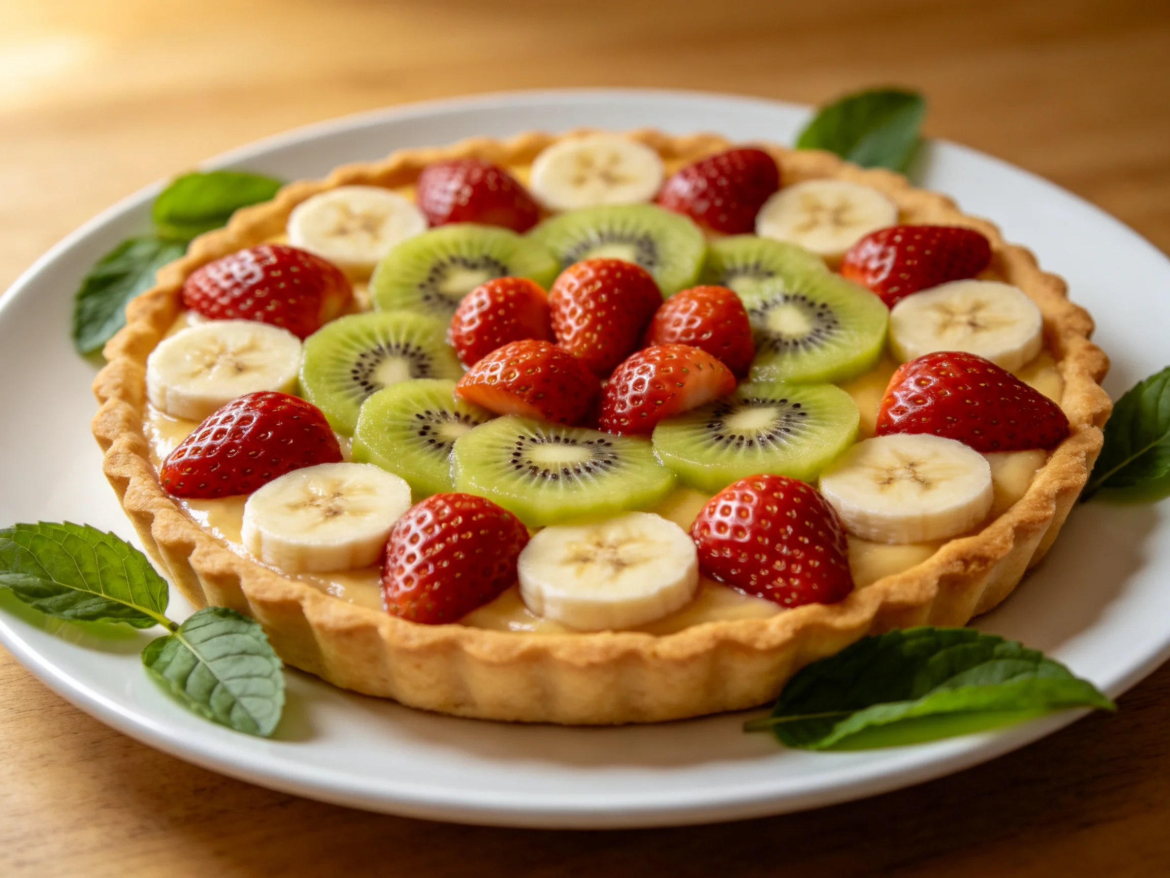 Fresh strawberry, kiwi, and banana tart with golden crust on white plate