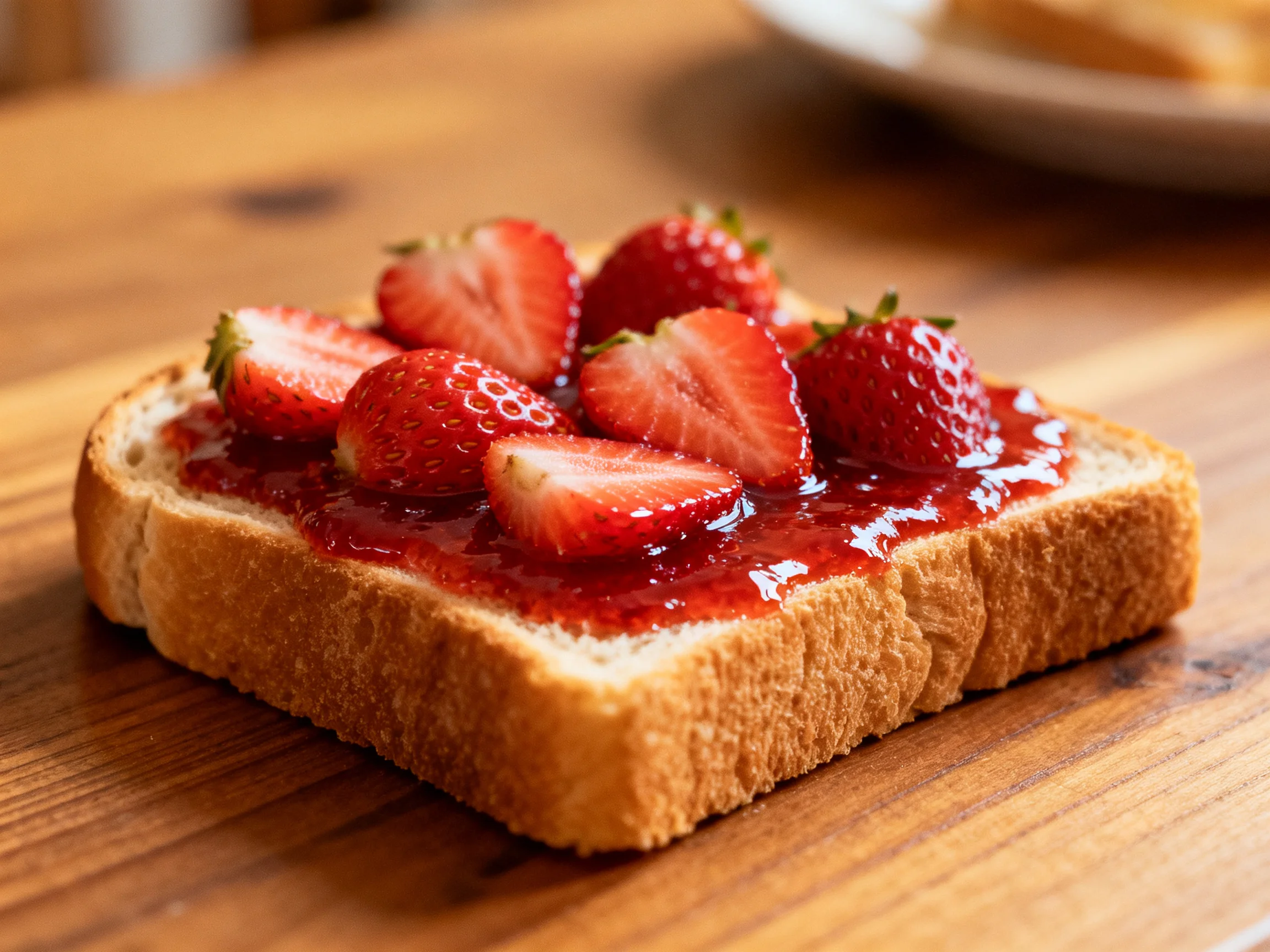 Fresh strawberry slices on toasted bread with glossy red jam