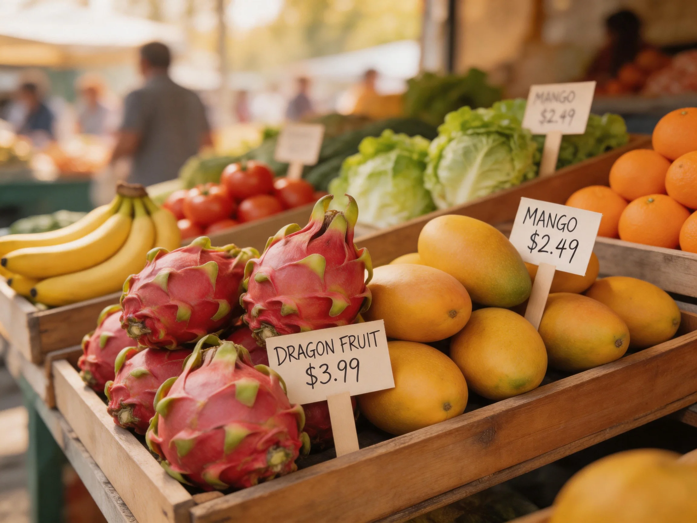 Fresh tropical fruits displayed in wooden crates at an outdoor market