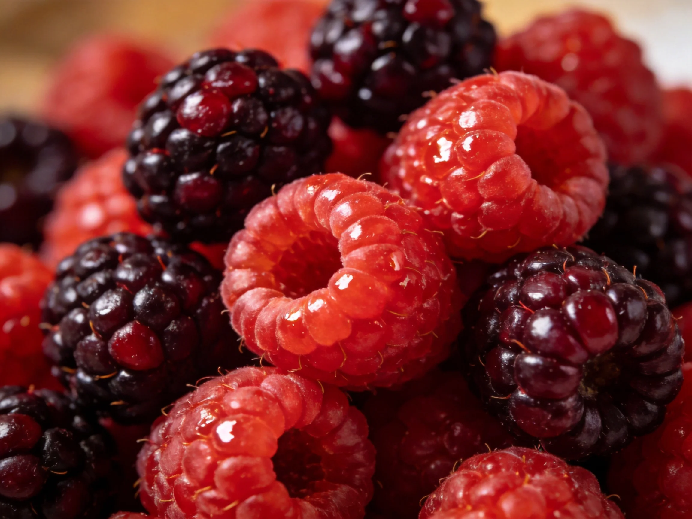 Close cluster of fresh raspberries and dark blackberries shown prominently.