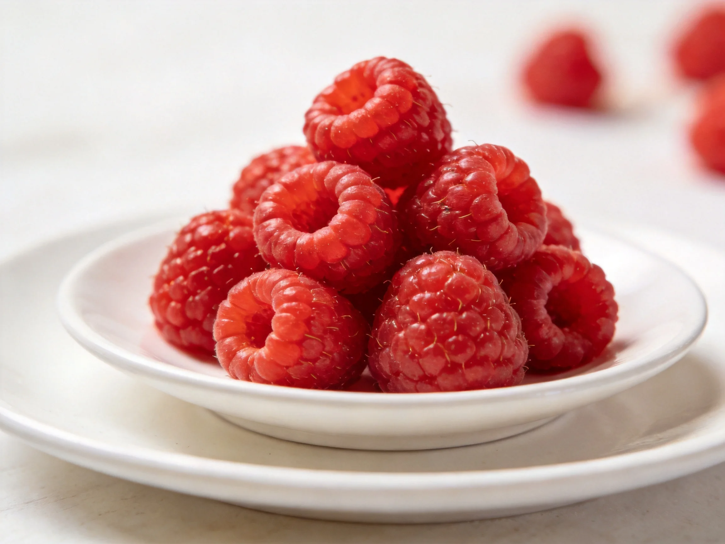 Fresh vibrant raspberries stacked high on a small white dish
