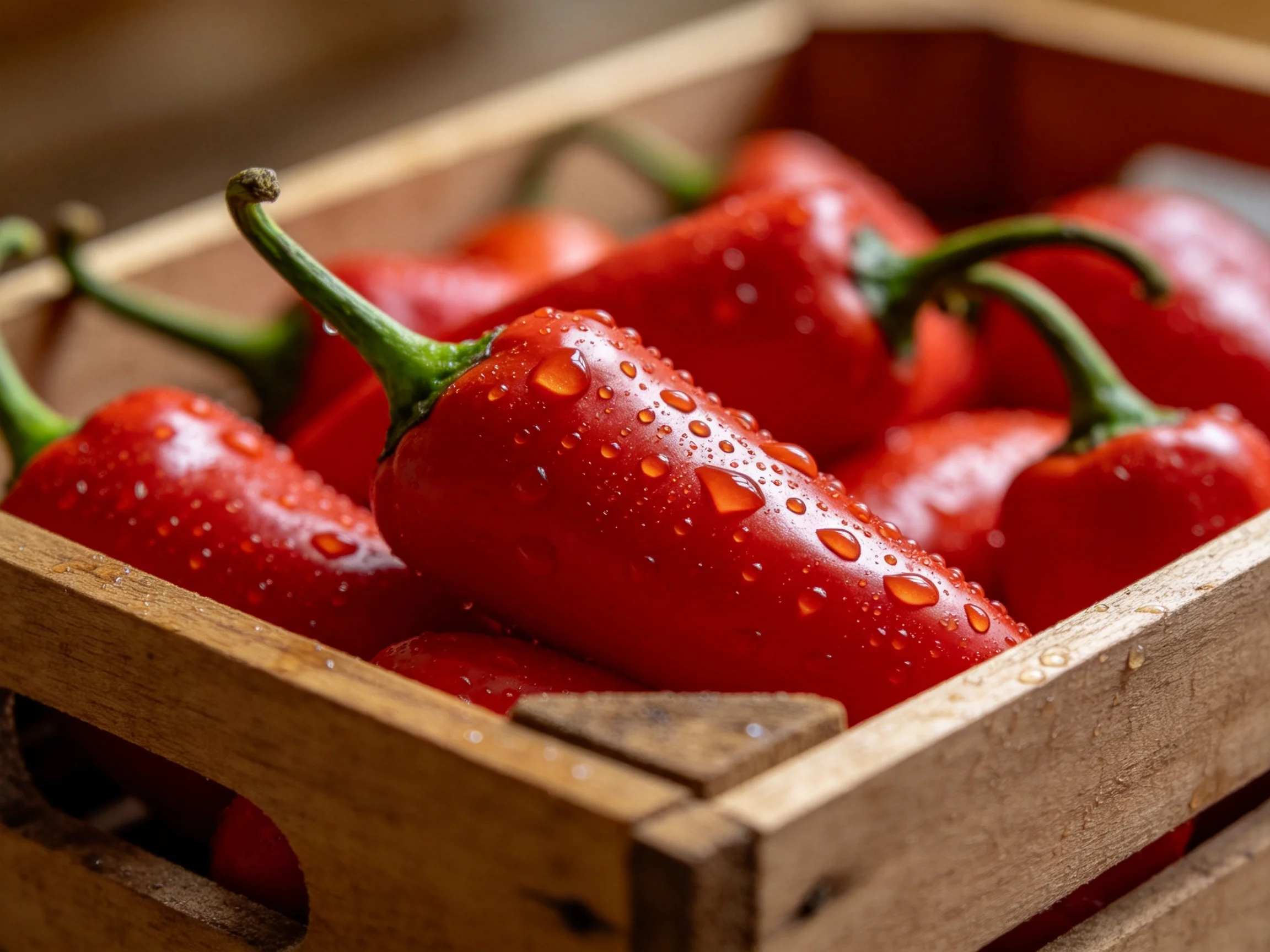 Fresh vibrant red chili peppers in a rustic wooden crate