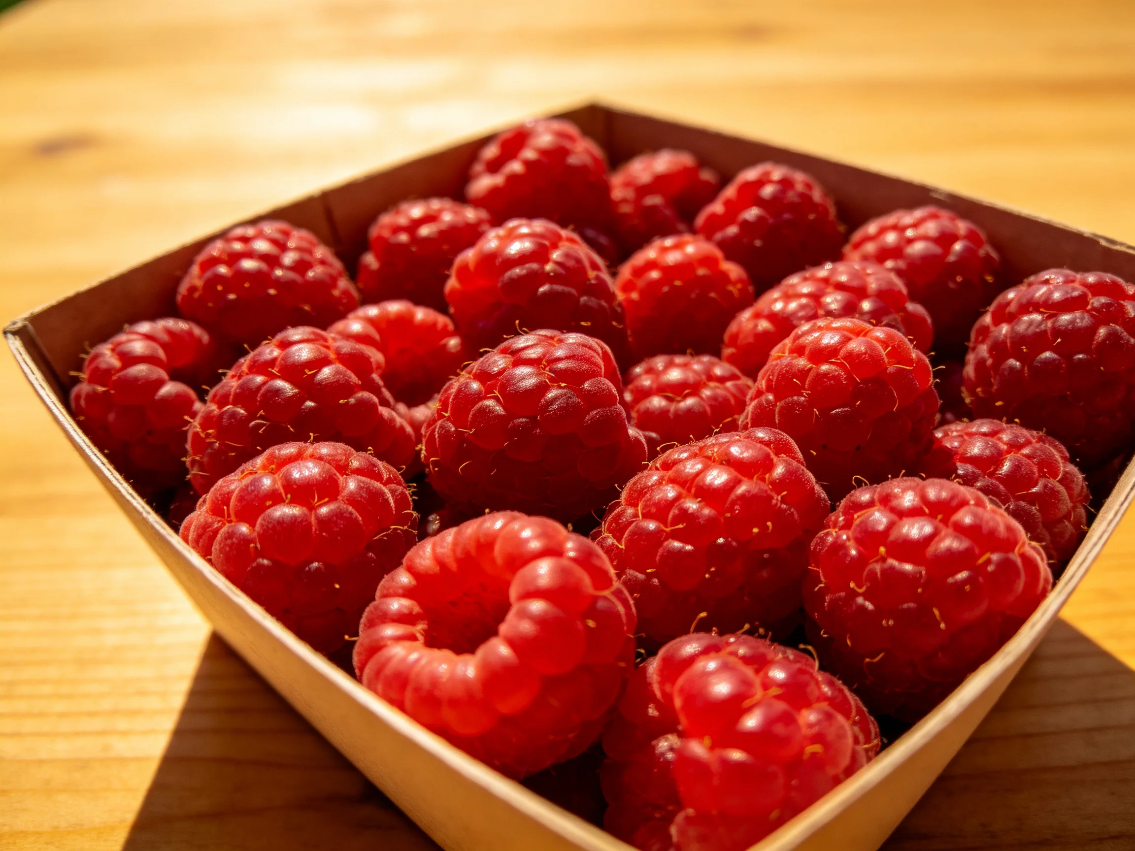 Fresh vibrant red raspberries arranged in a square cardboard container