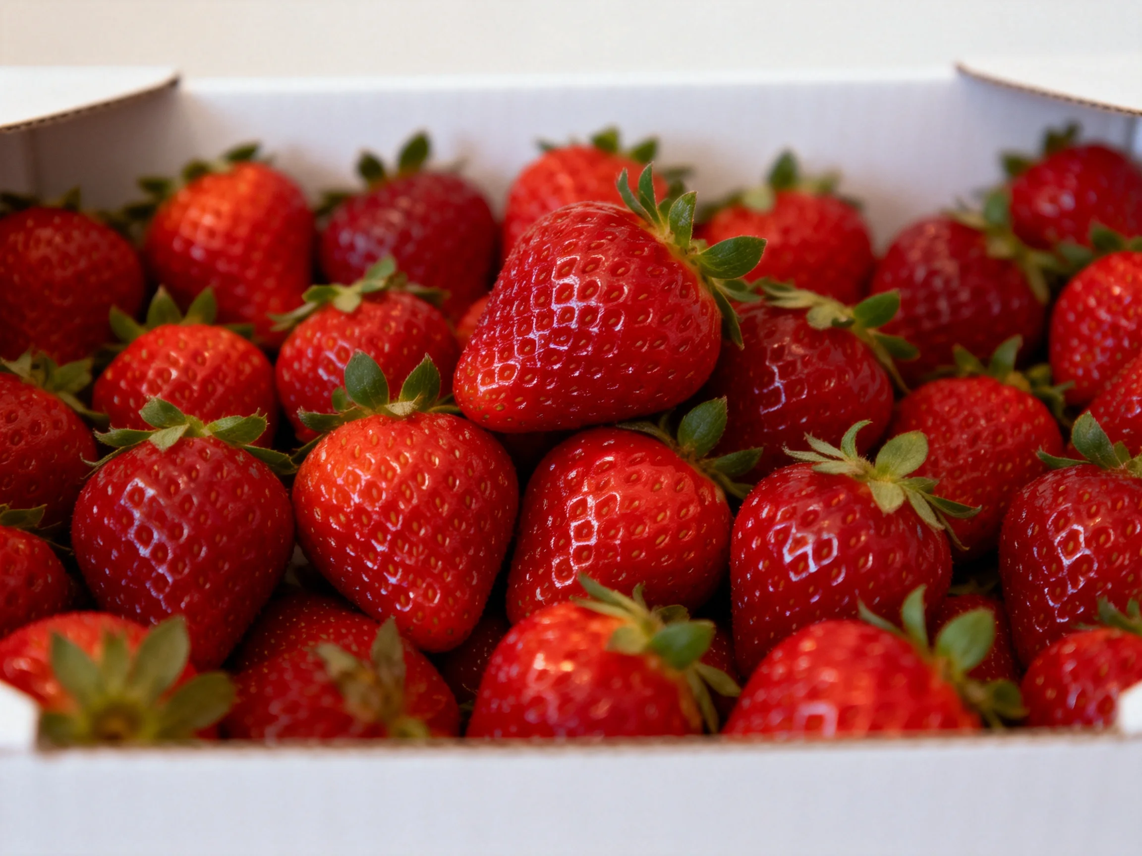Fresh vibrant red strawberries densely arranged in a white cardboard container