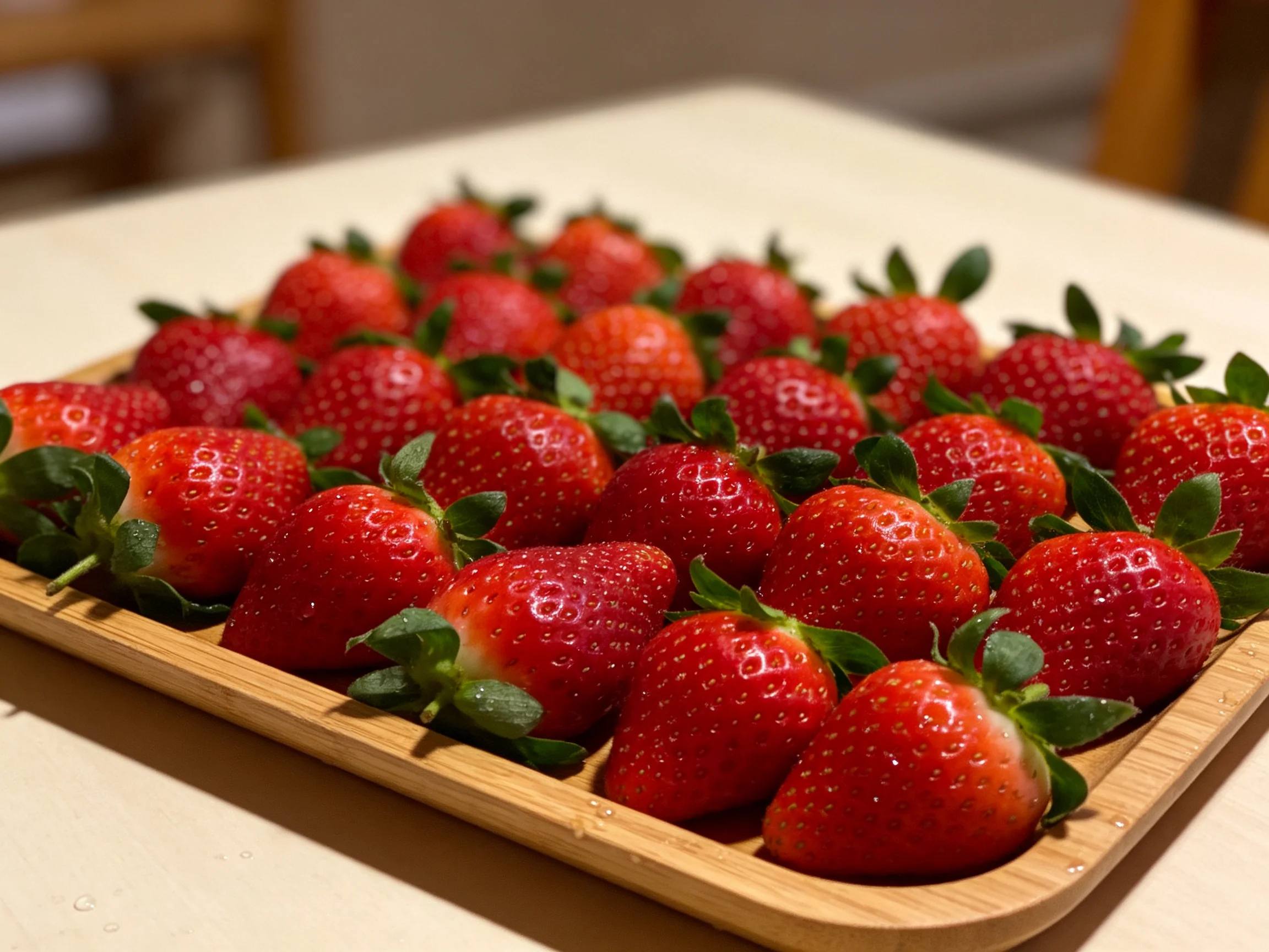Fresh vibrant red strawberries neatly placed in a bamboo tray