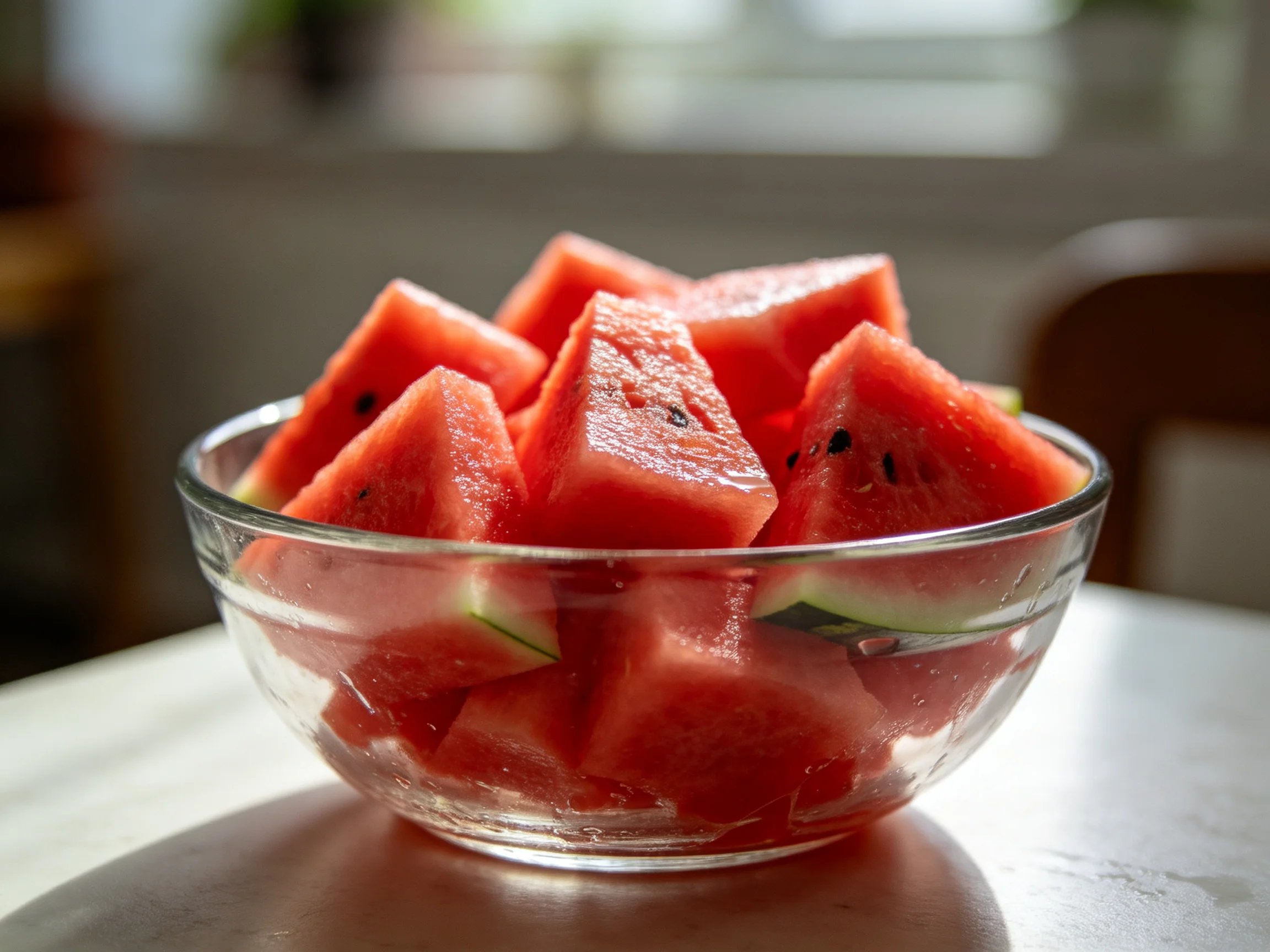 Fresh watermelon cubes displayed in a clear glass bowl