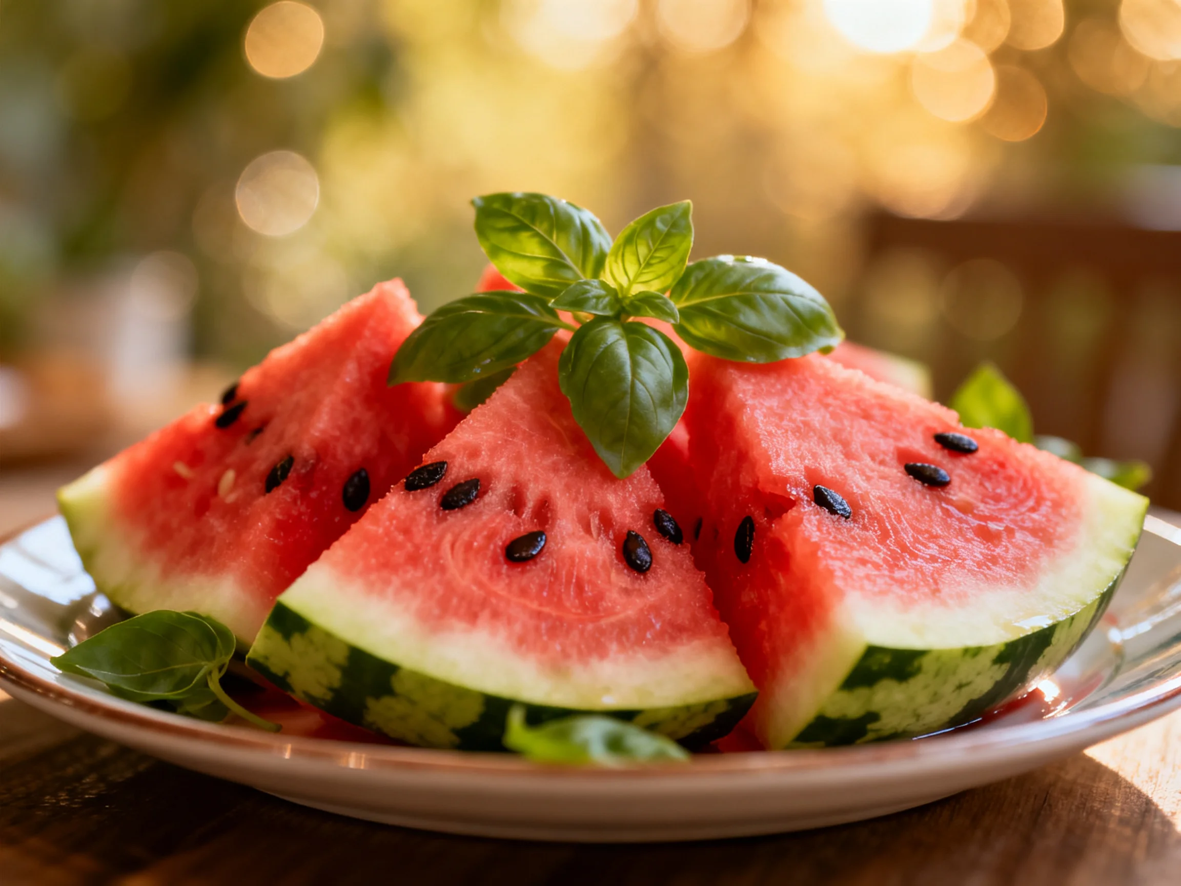Fresh watermelon slices garnished with basil on a ceramic plate
