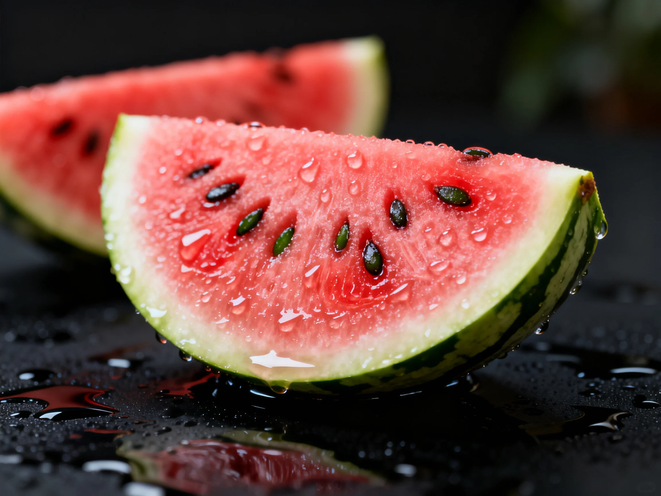 Fresh watermelon slices with vibrant red flesh and green rind, dripping with dewdrops