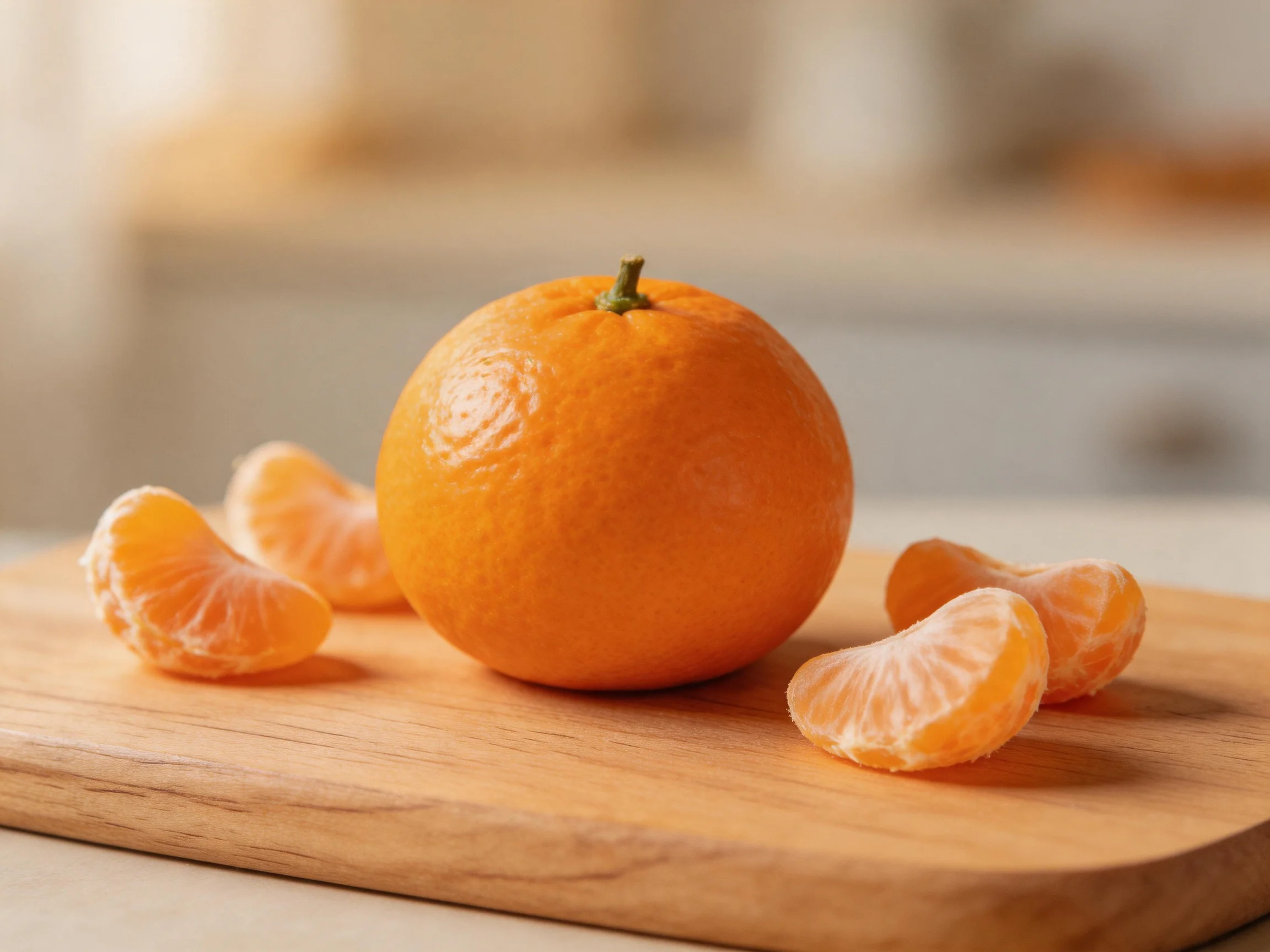 Fresh whole and peeled oranges on a wooden cutting board
