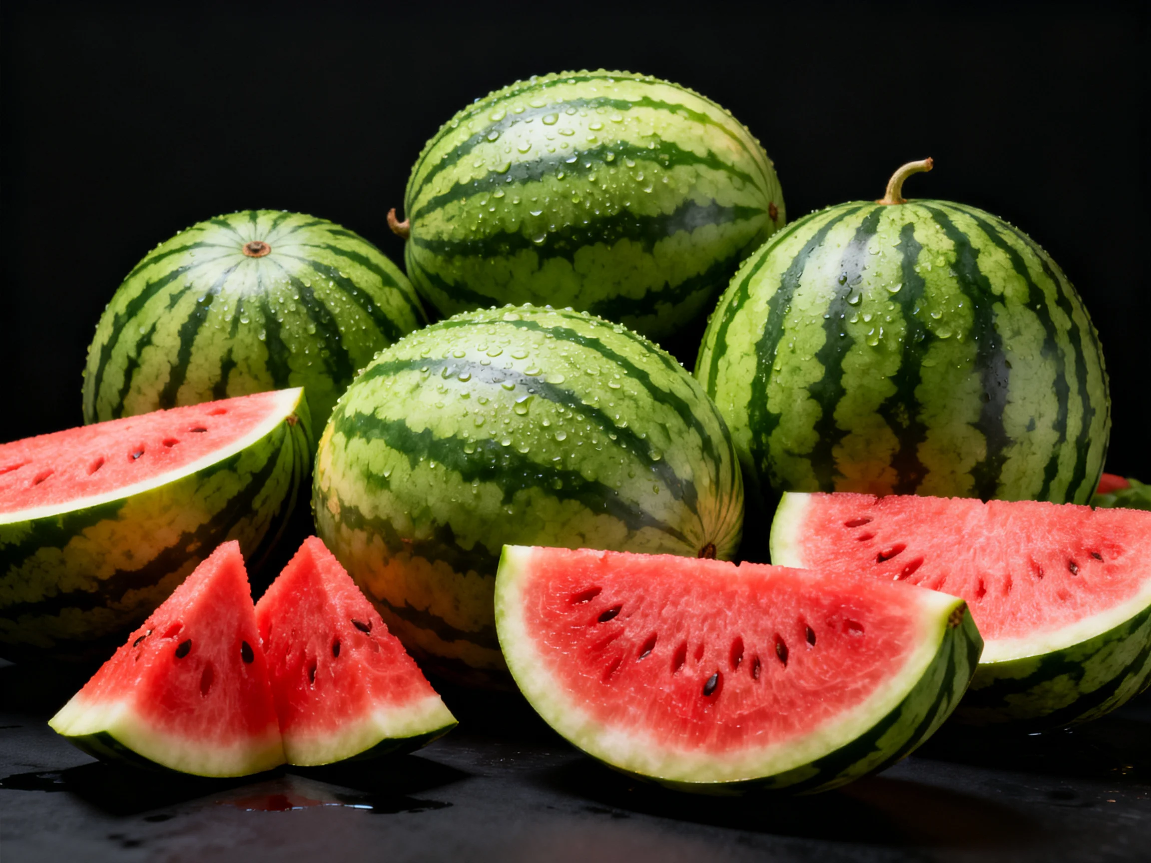 Fresh whole and sliced watermelons with vibrant red flesh