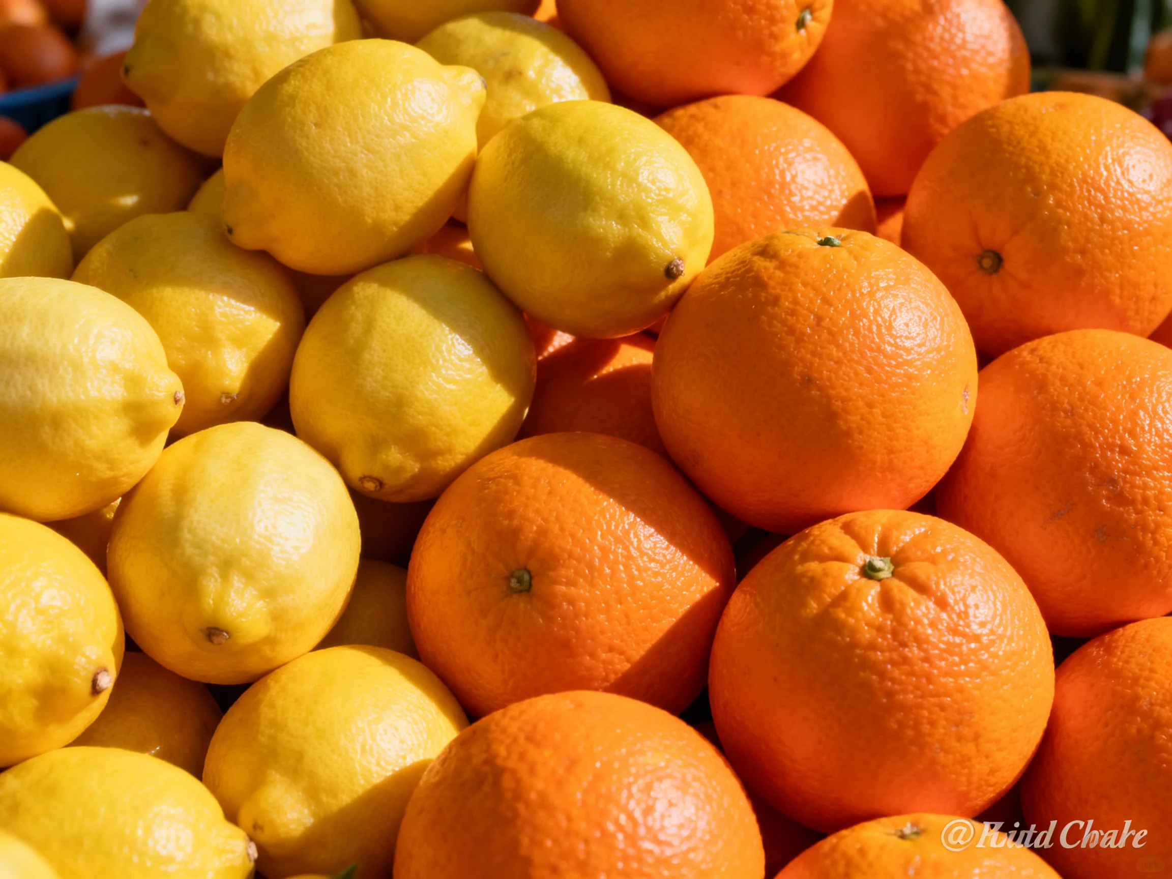 Fresh yellow lemons and vibrant orange oranges piled closely together