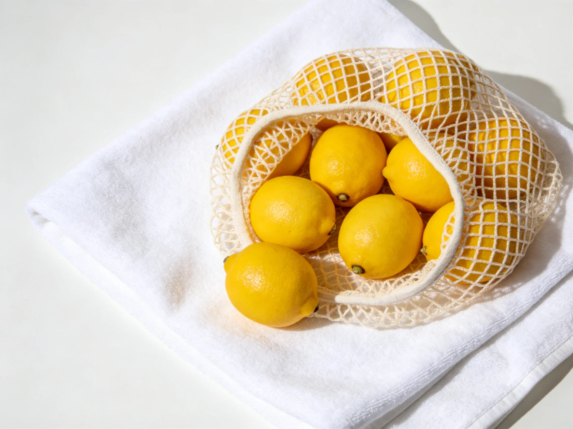 Fresh yellow lemons in a mesh bag on white cloth