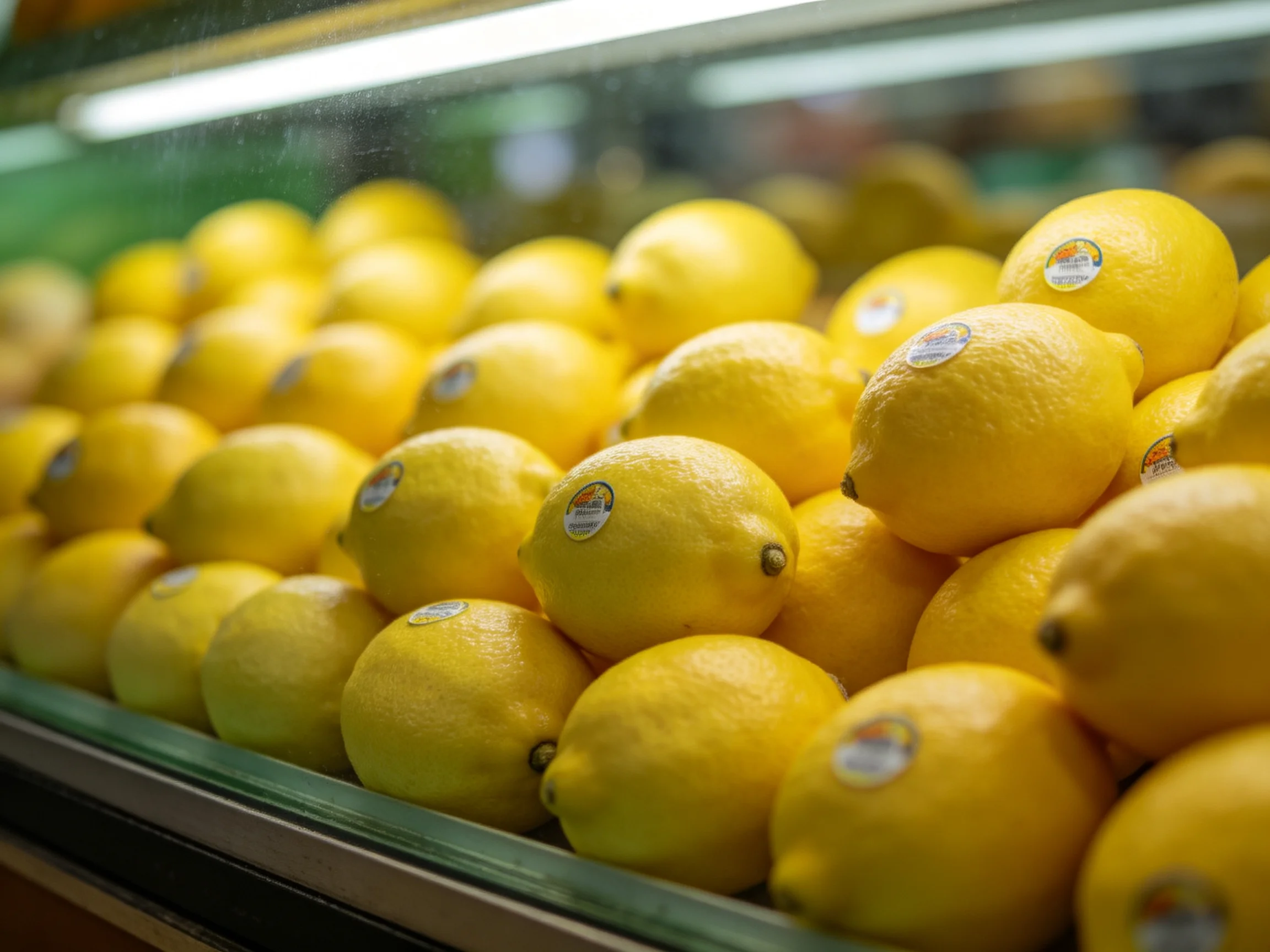 Fresh yellow lemons piled high in a glass display case