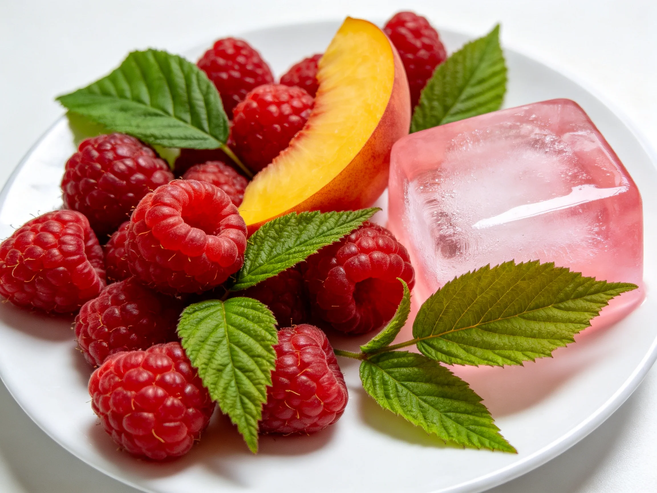 Freshaspberries, peach slice, mint leaves, and pink ice cube on a white plate