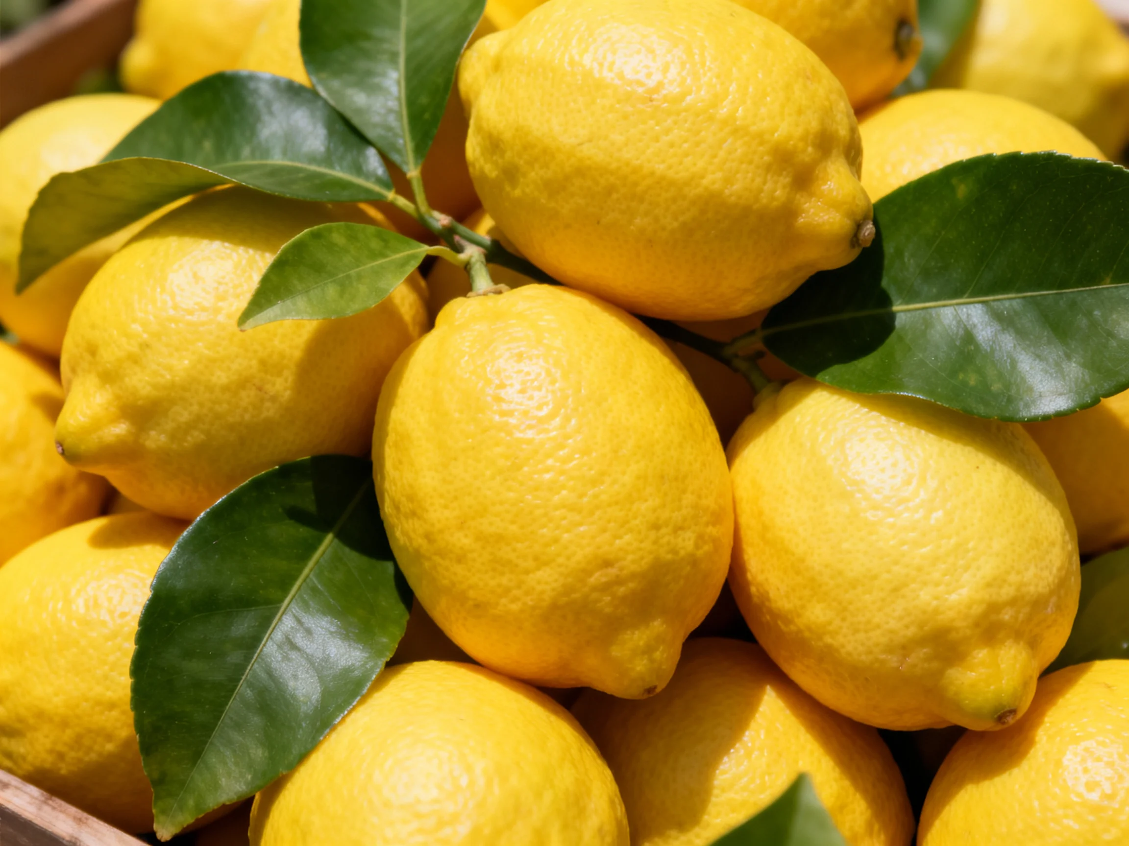 Freshly Picked Yellow Lemons with Vibrant Green Leaves