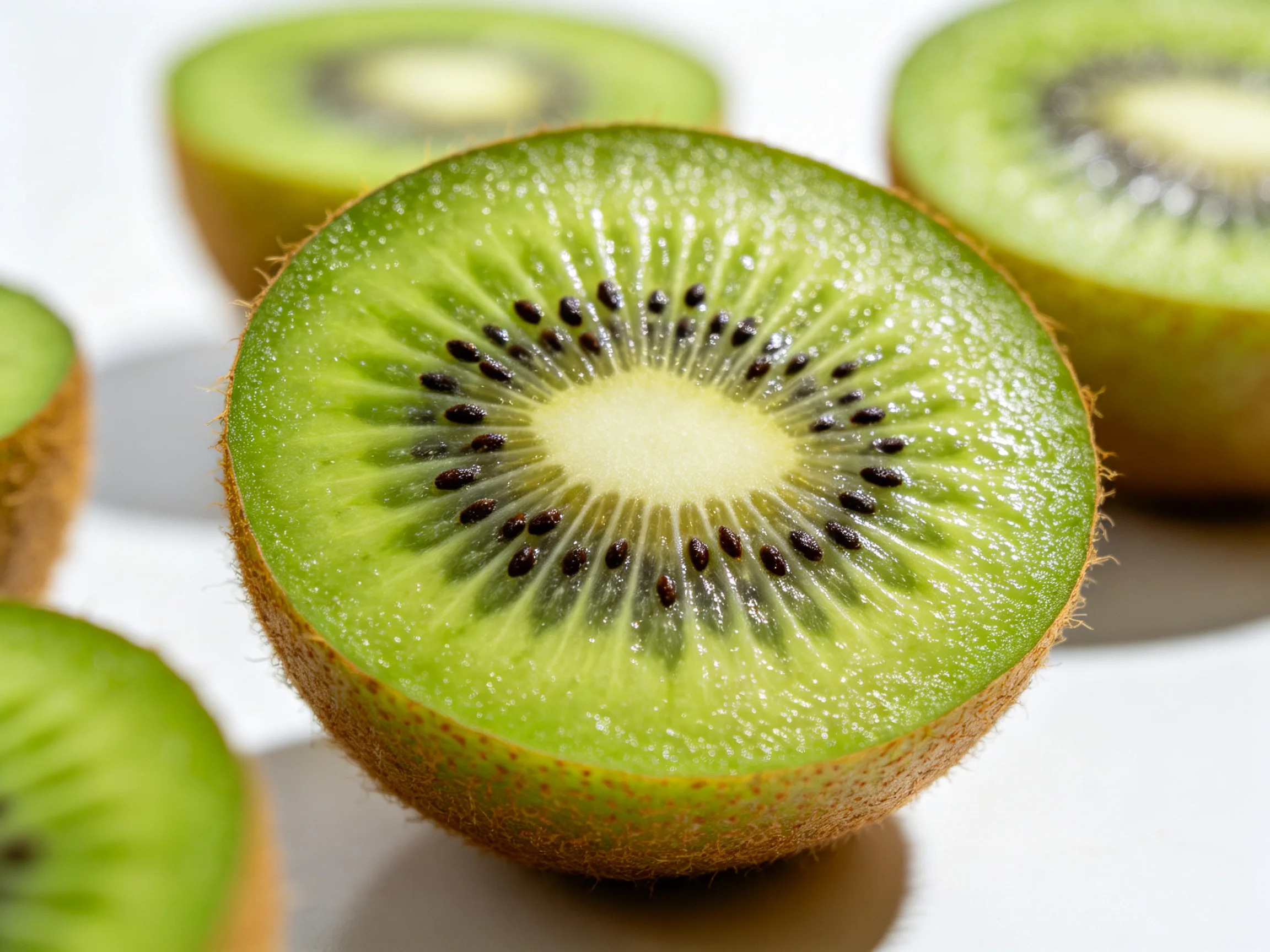 Freshly cut kiwi halves reveal vibrant green flesh and textured brown skins on a white surface