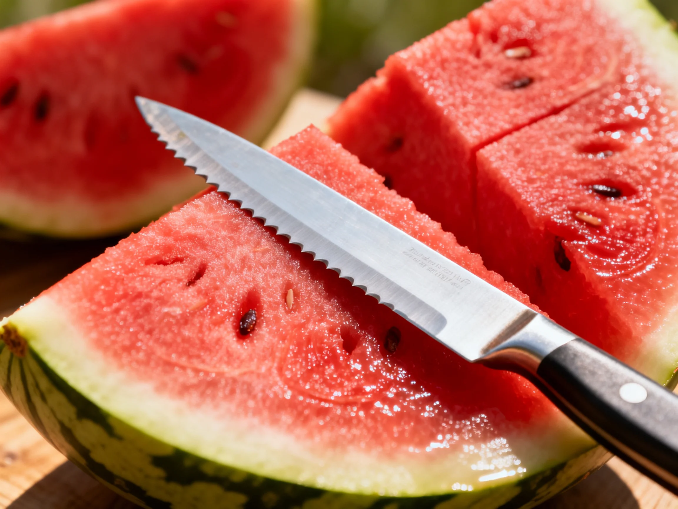 Freshly cut red watermelon slices with a serrated knife