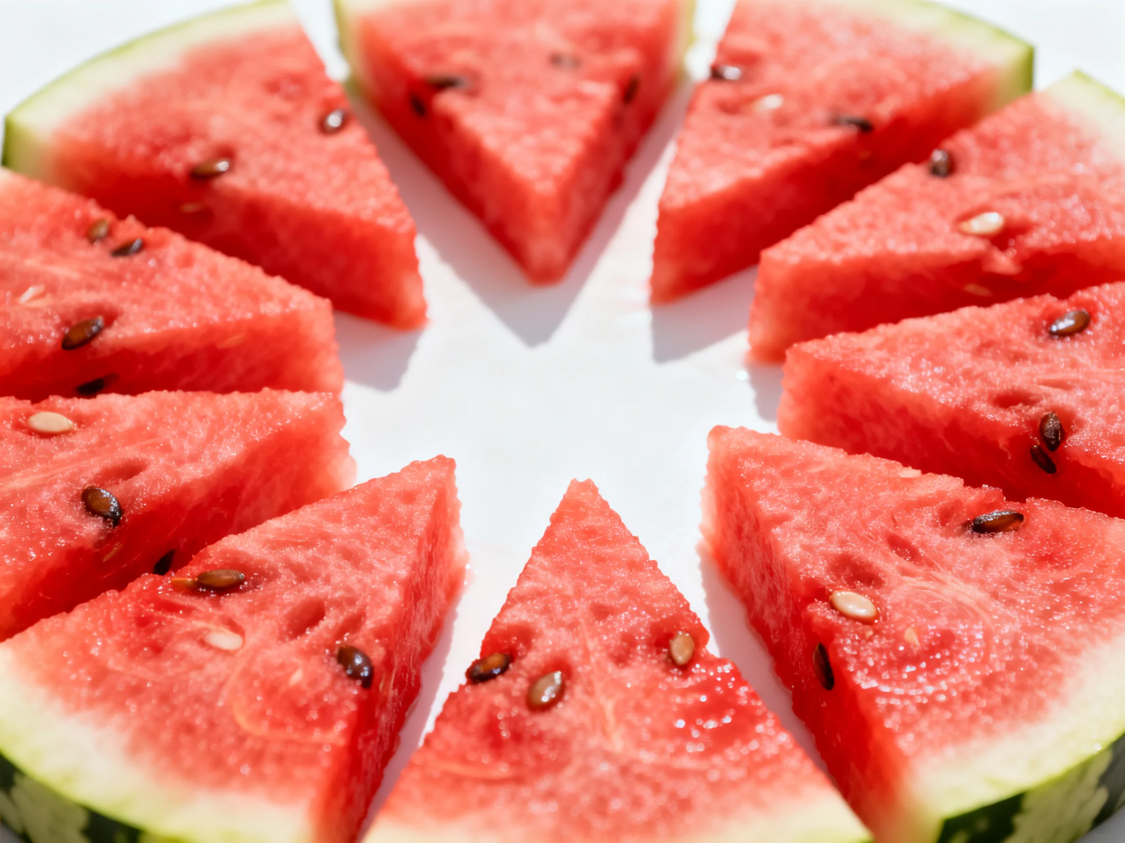 Freshly cut watermelon slices arranged in triangular wedges on a white surface