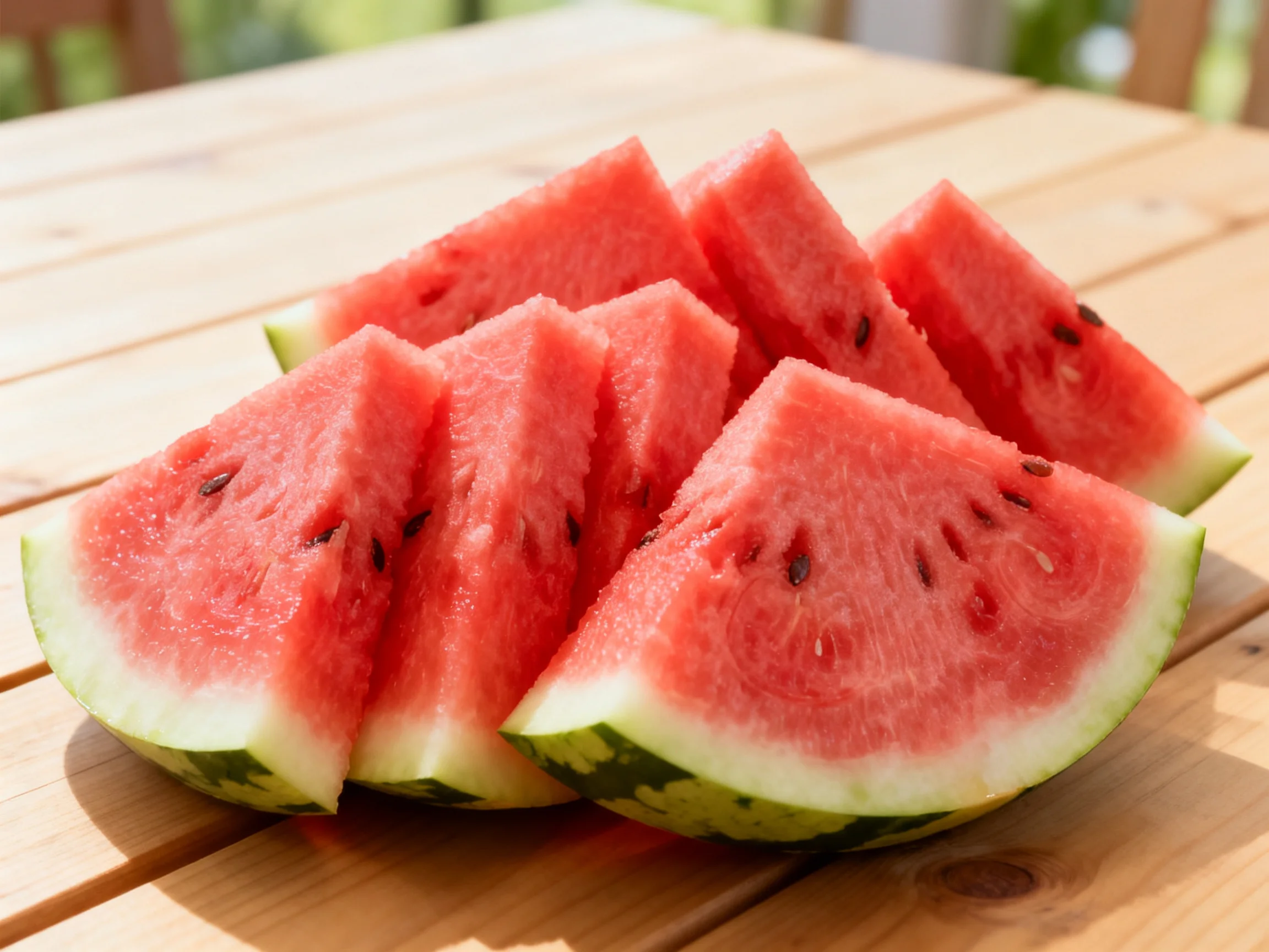 Freshly cut watermelon slices with vibrant red flesh on a wooden table