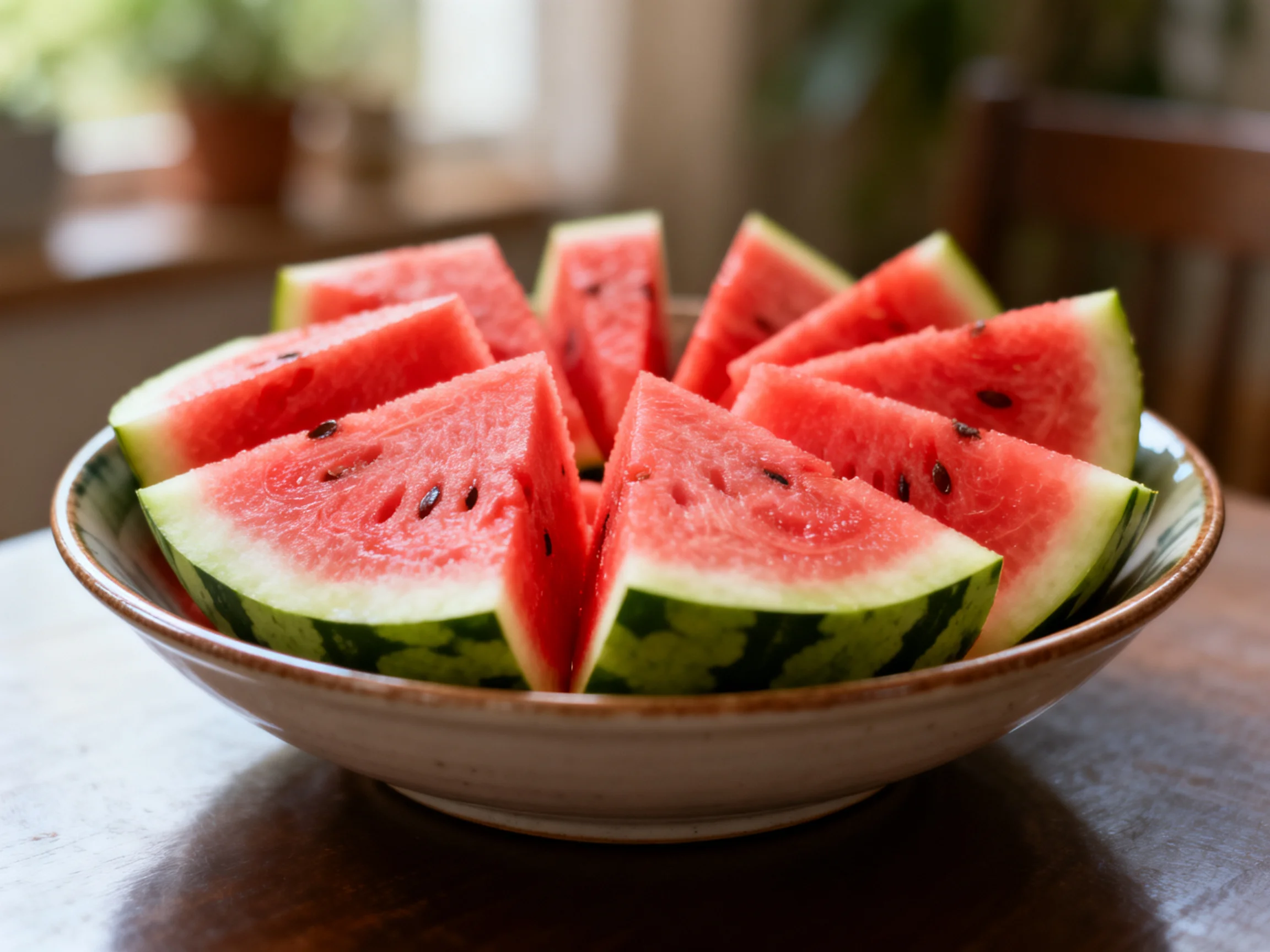 Freshly cut watermelon wedges arranged in a ceramic bowl