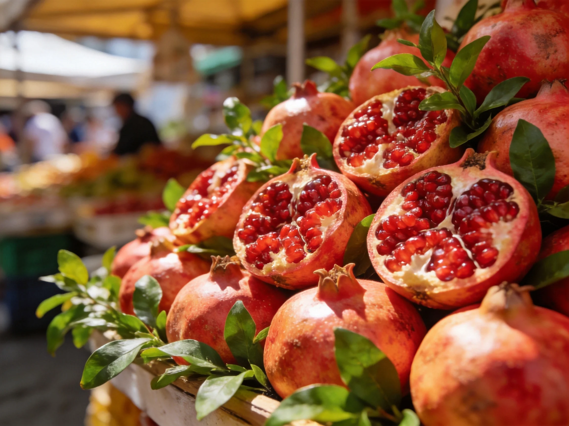Freshly halved pomegranates display vibrant red seeds in a sunny market