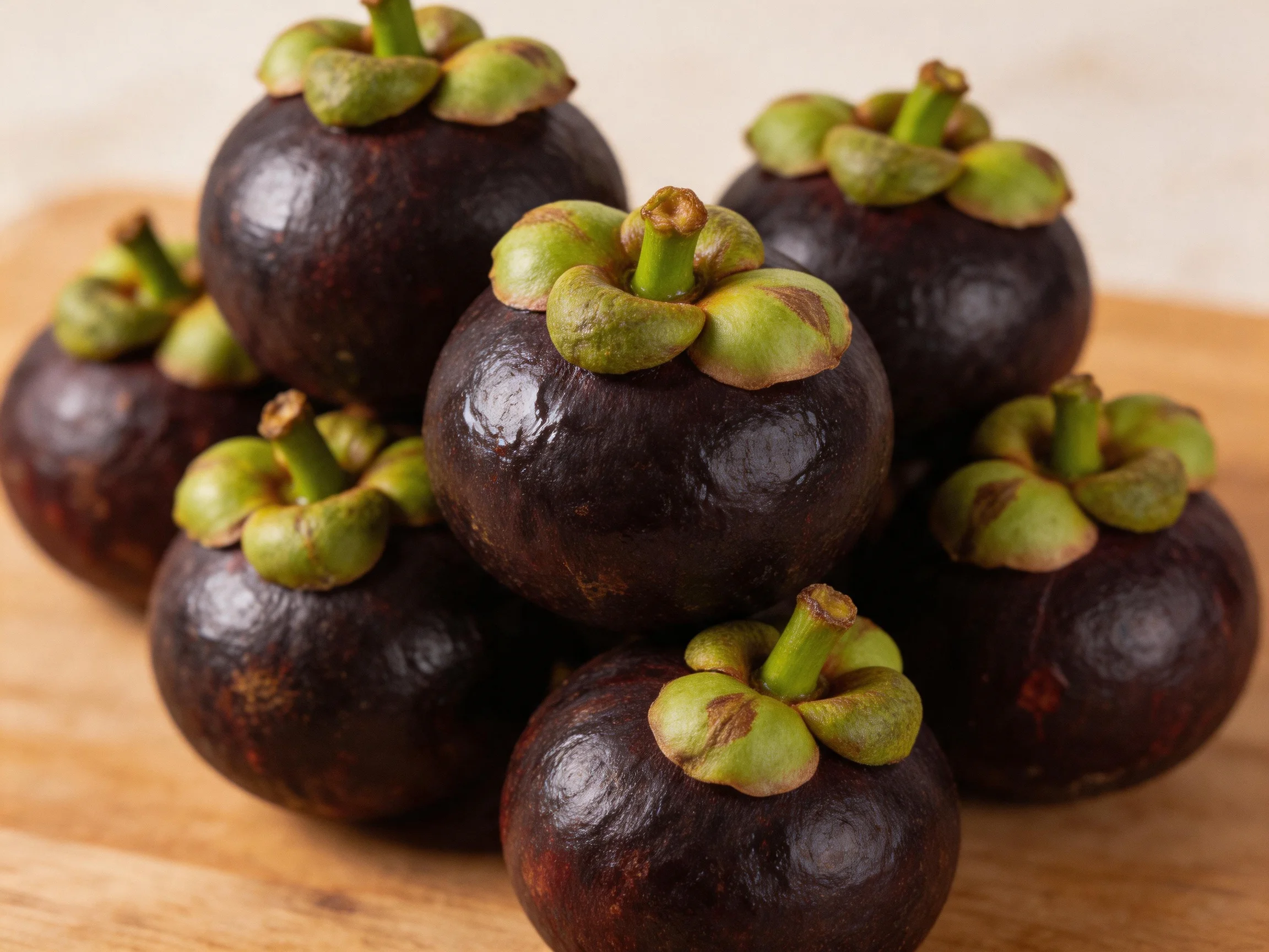Freshly harvested dark purple mangosteens stacked on a wooden board