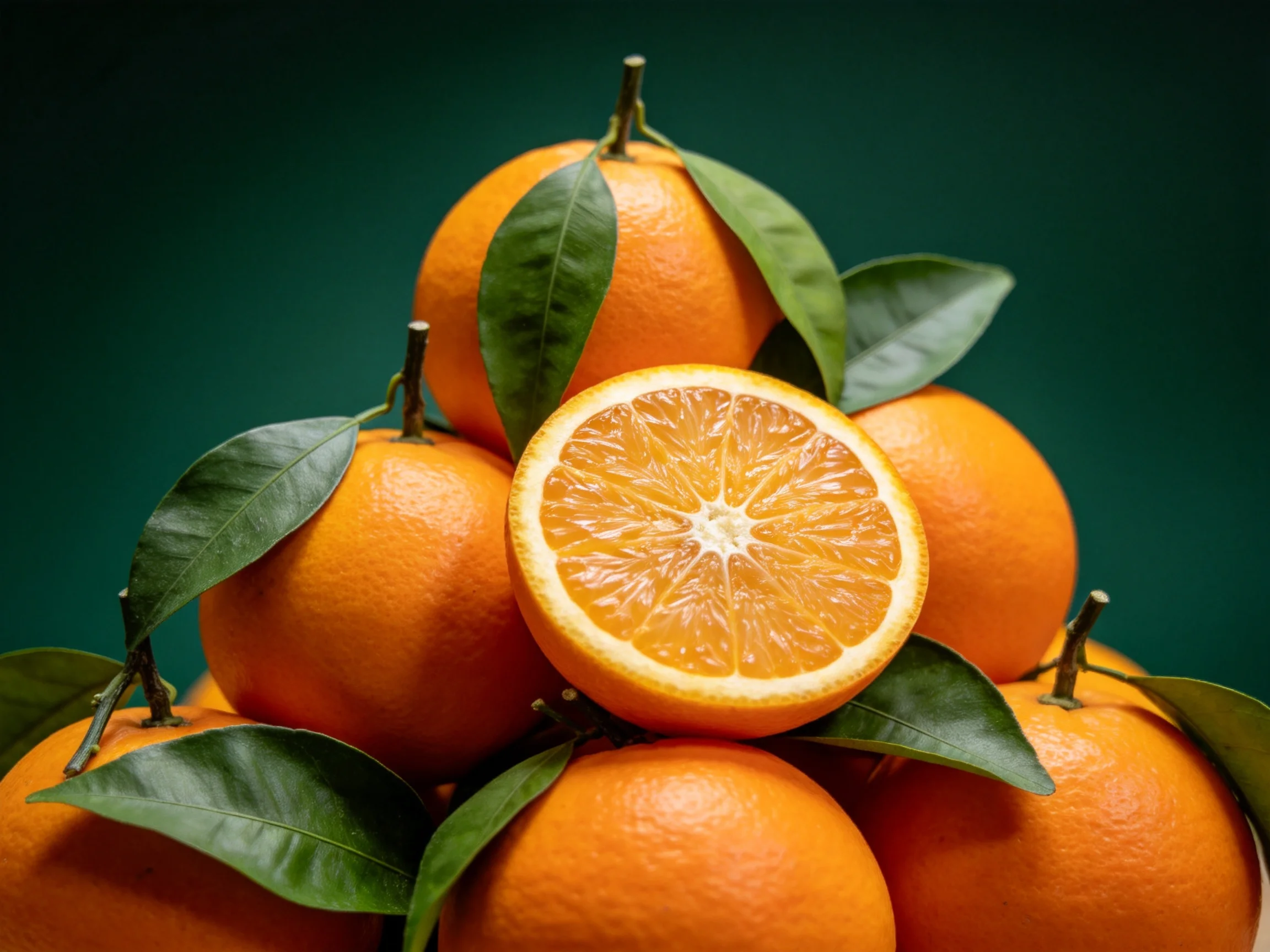 Freshly harvested oranges stacked with vibrant green leaves