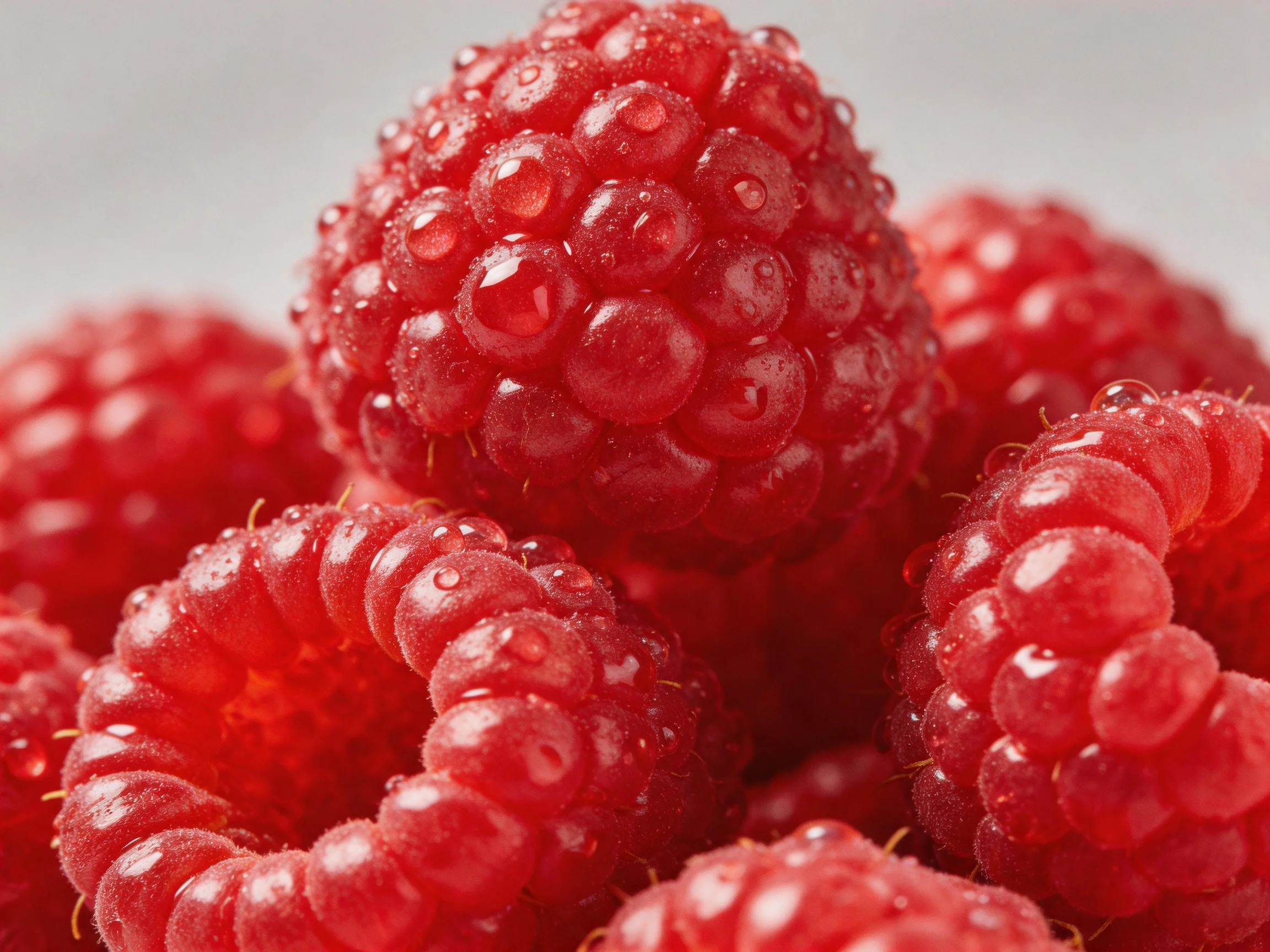 Freshly harvested plump red raspberries glisten with dewdrops