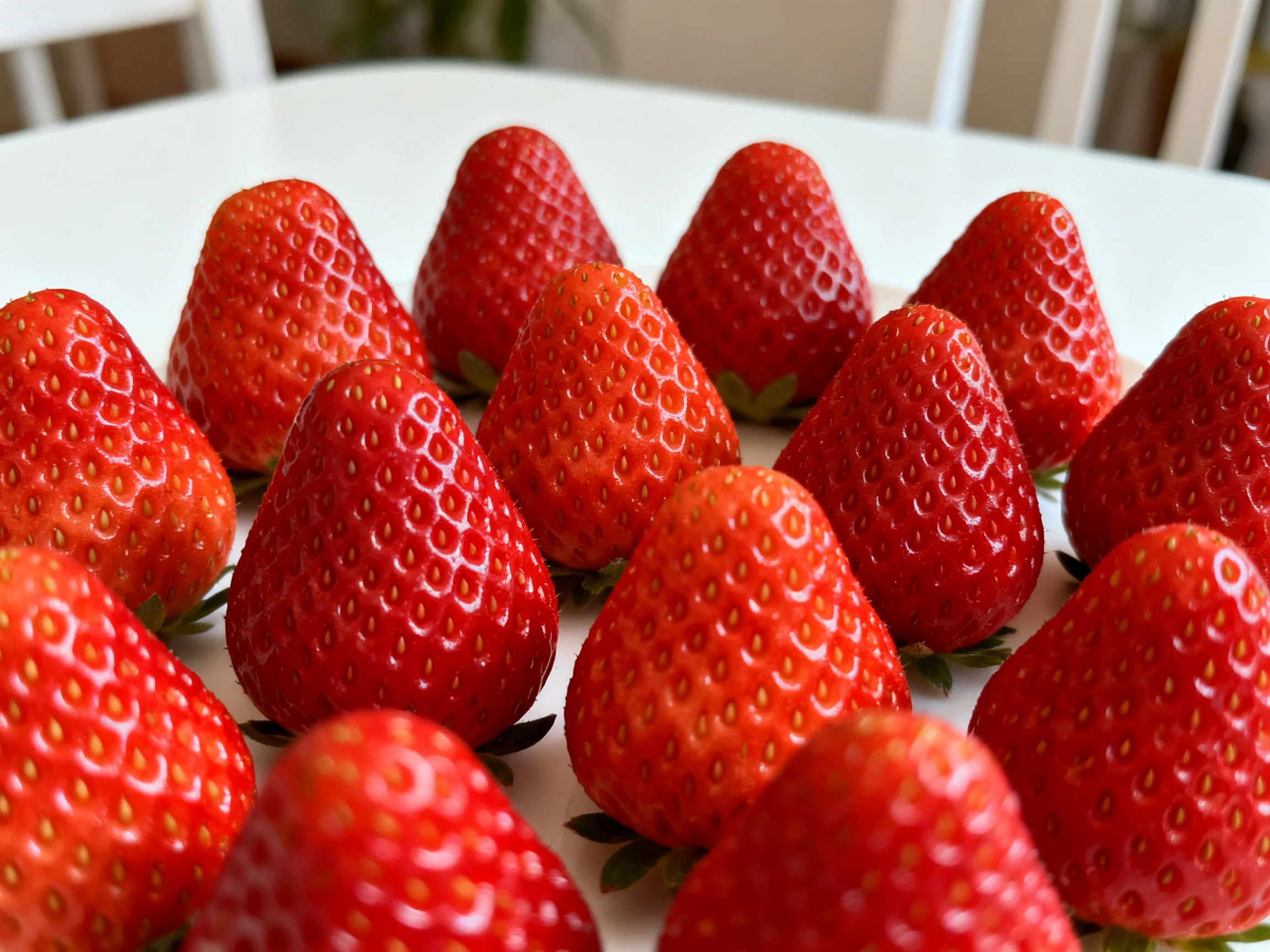 Freshly harvested plump red strawberries displayed on a white surface