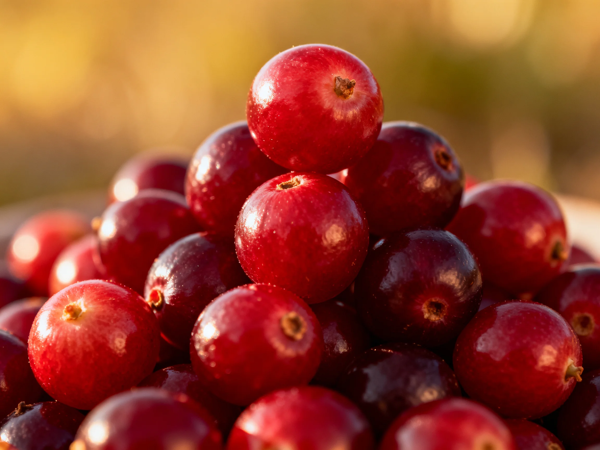 Freshly harvested red cranberries stacked in a pyramid formation