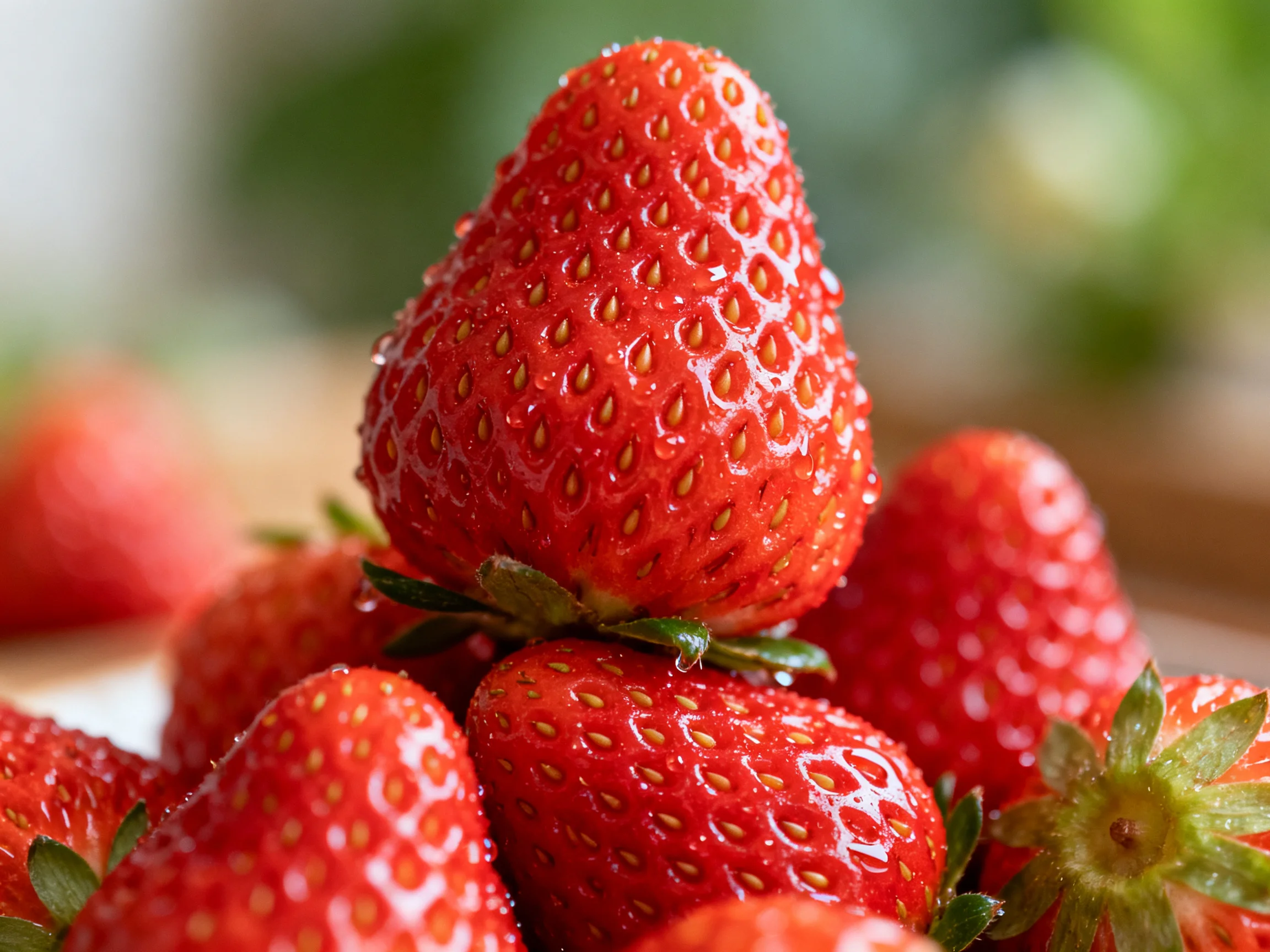 Freshly harvested vibrant red strawberries clustered densely
