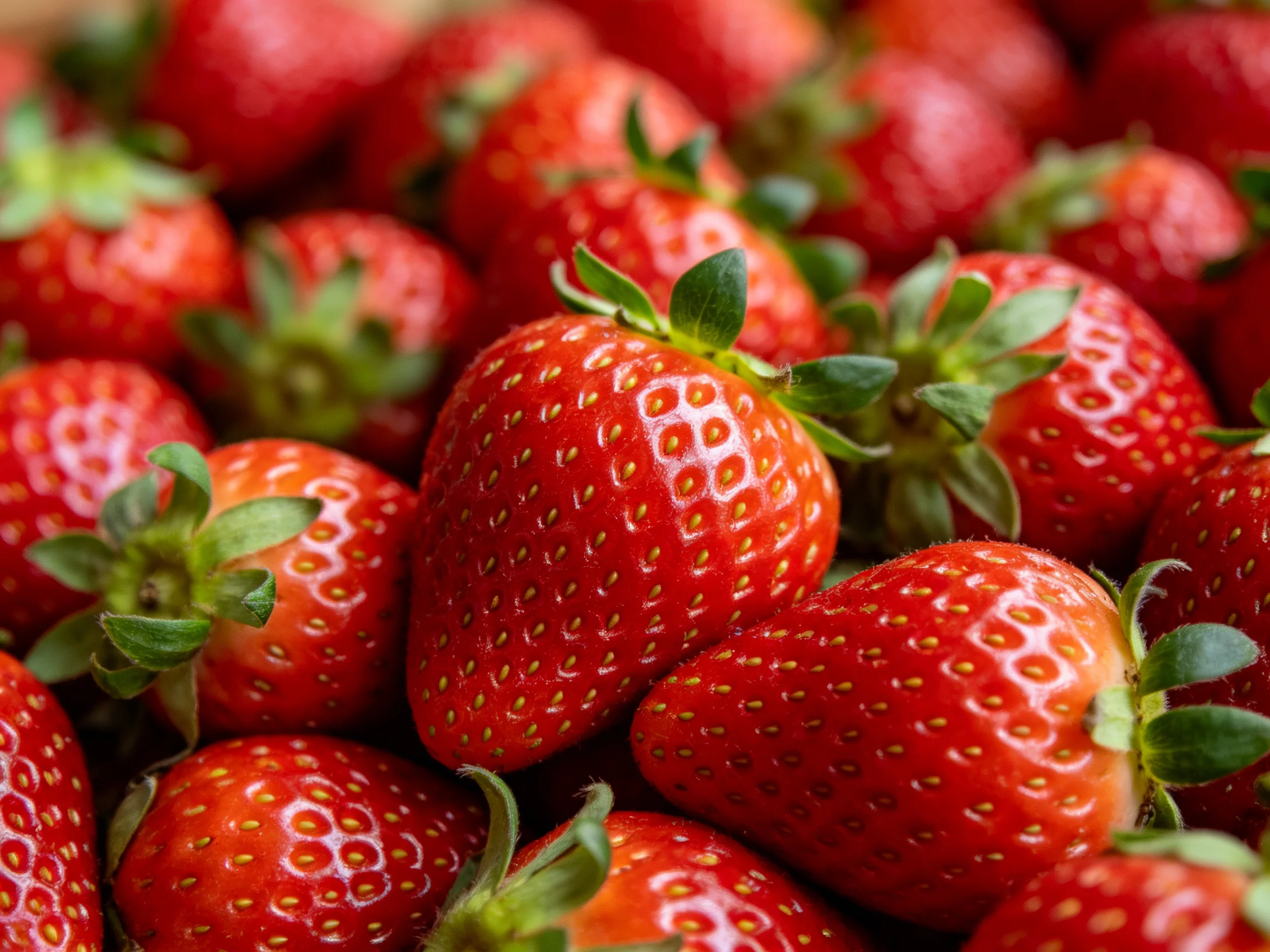 Freshly harvested vibrant red strawberries densely arranged