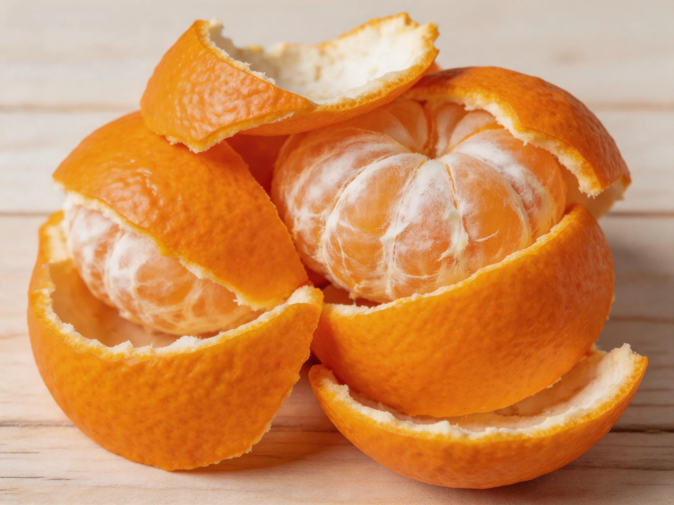 Freshly peeled tangerine segments with bright orange peels
