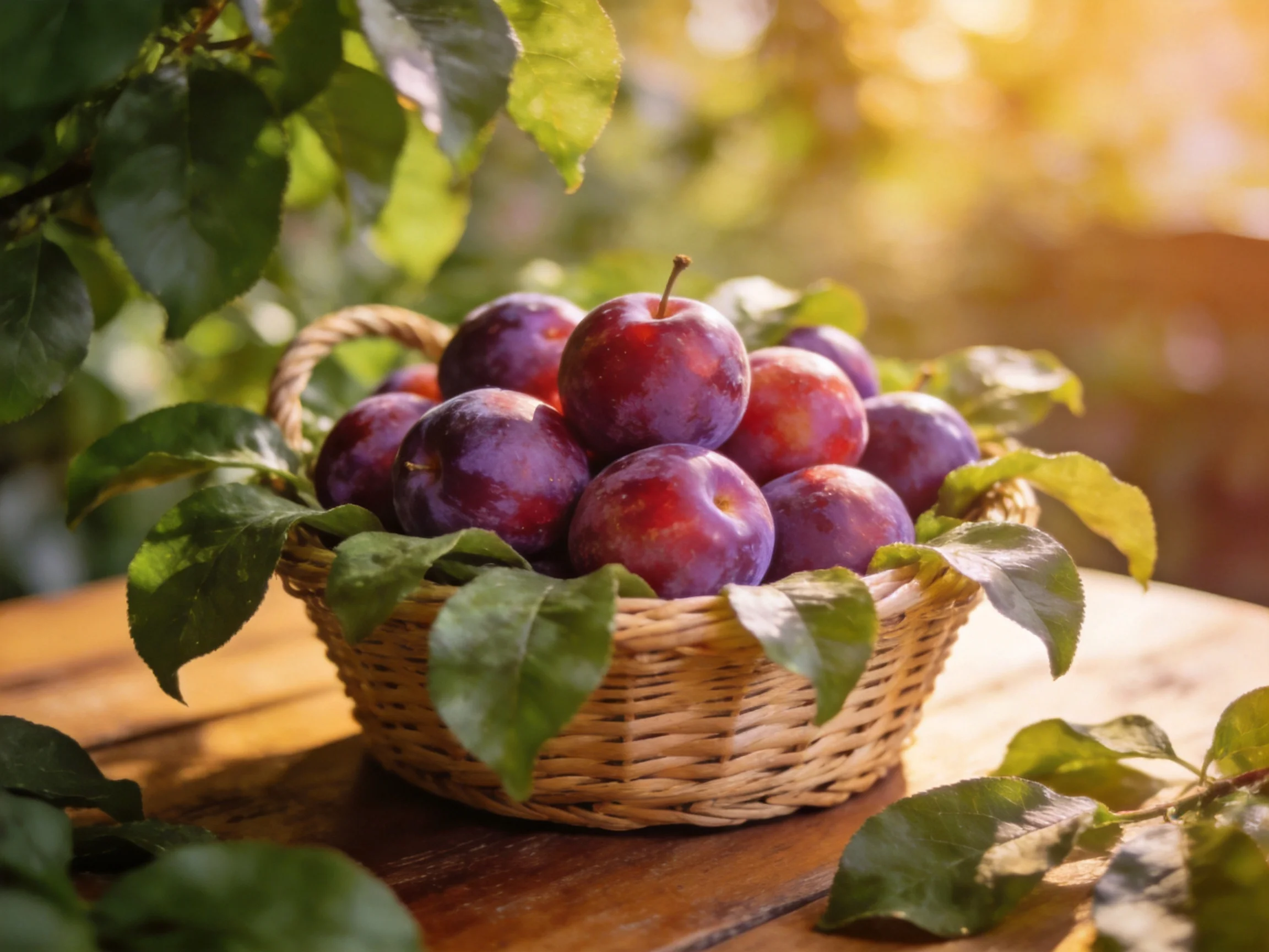 Freshly picked purple-red plums fill a wicker basket beside green leaves