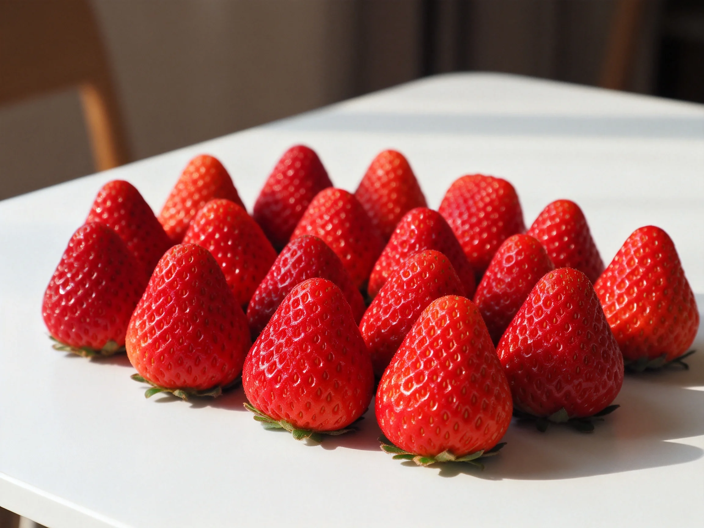 Freshly picked vibrant red strawberries arranged on a white plate