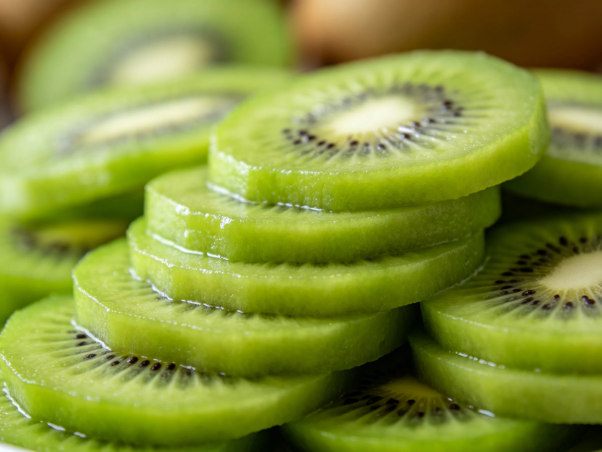 Freshly sliced bright green kiwi fruit slices are stacked closely together.