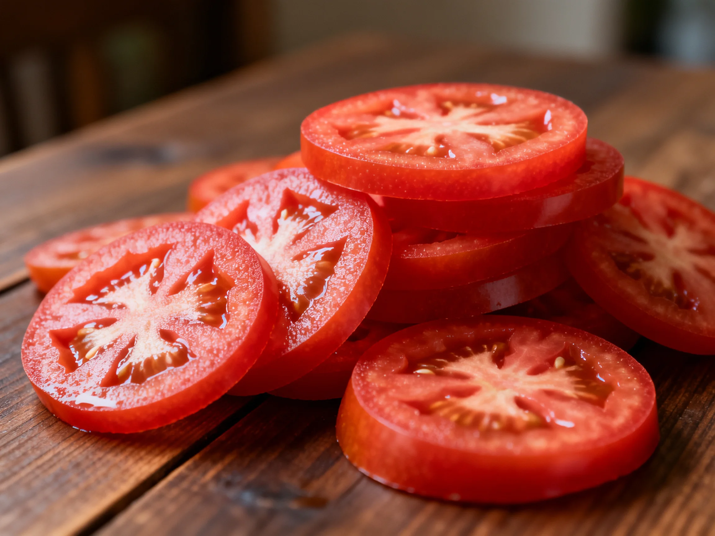 Freshly sliced bright red tomato slices arranged on a wooden table