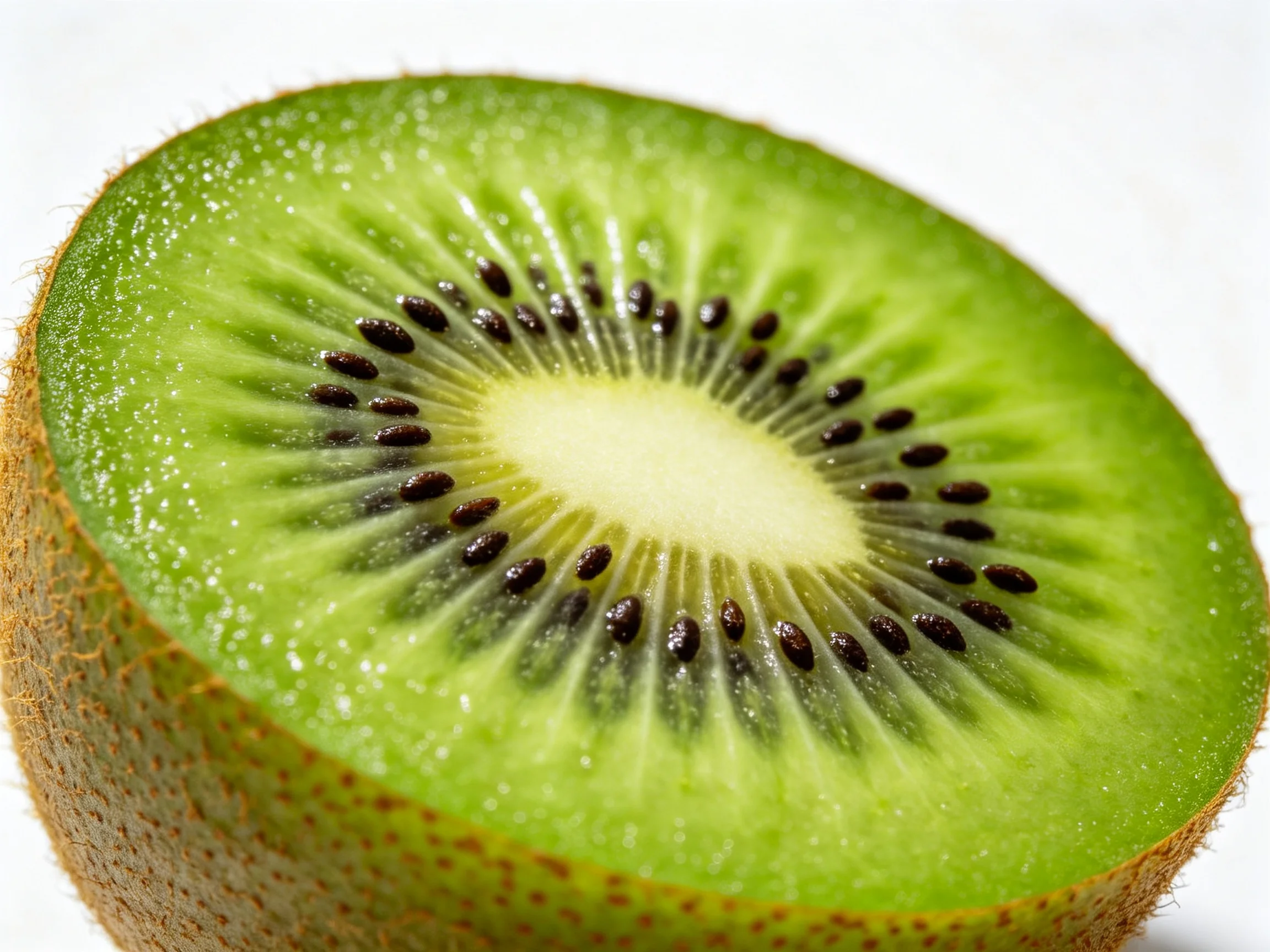 Freshly sliced green kiwi fruit showing seeds and juicy flesh