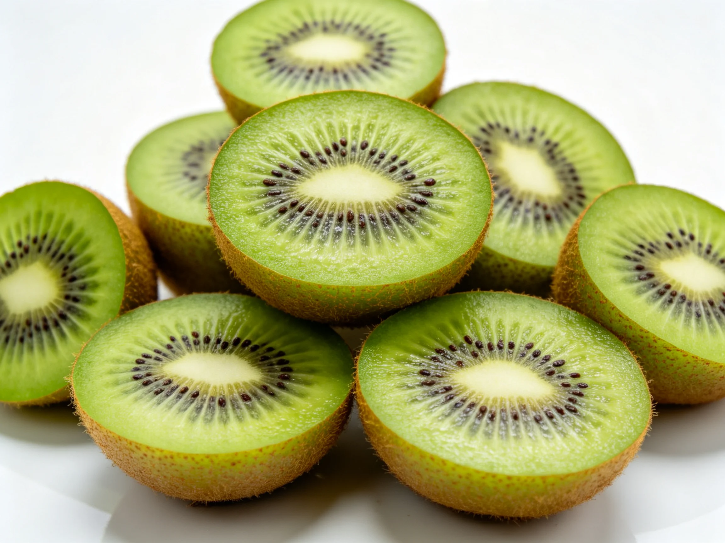 Freshly sliced green kiwi halves arranged on a white surface