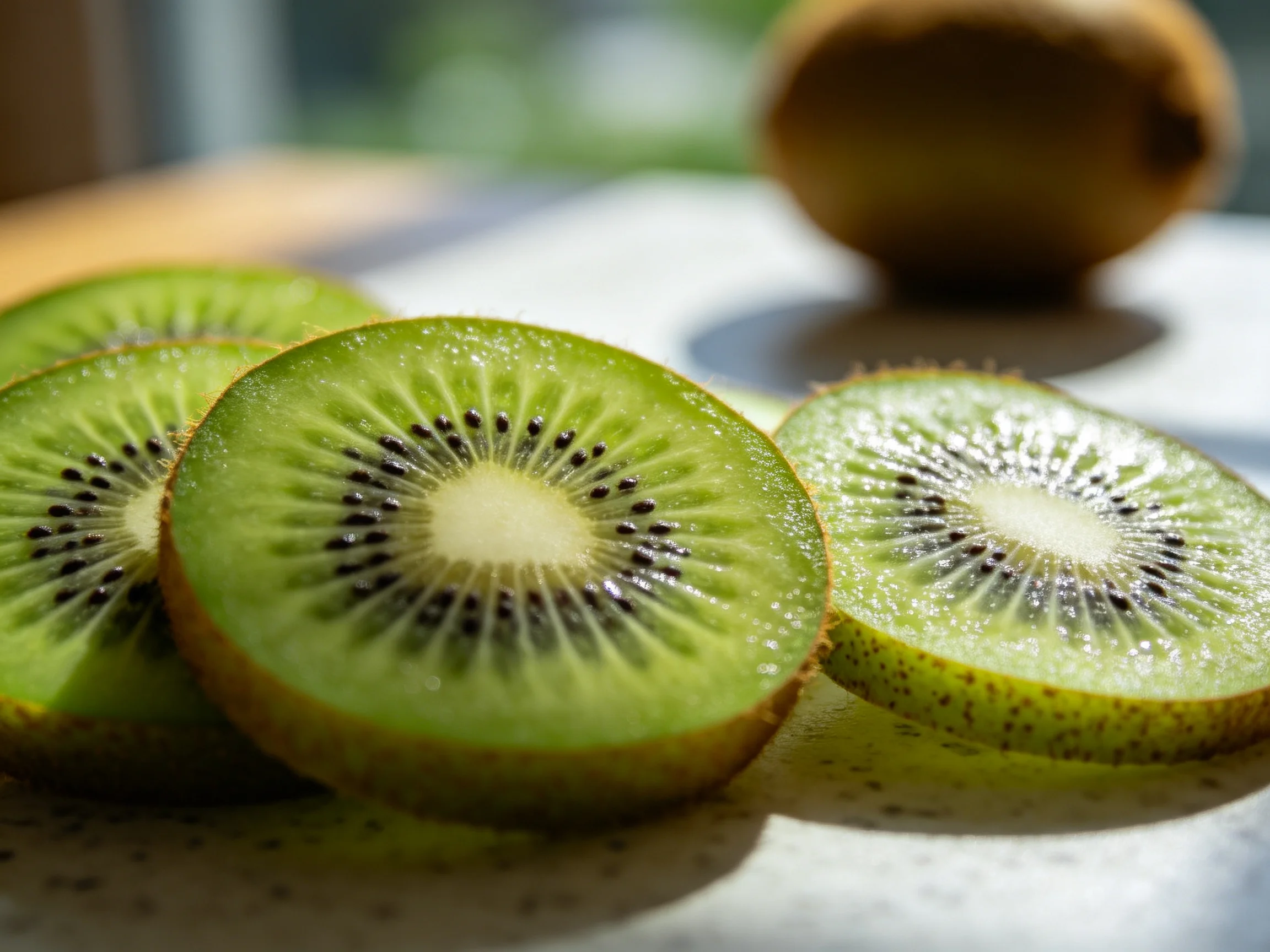 Freshly sliced green kiwi slices alongside a whole kiwi