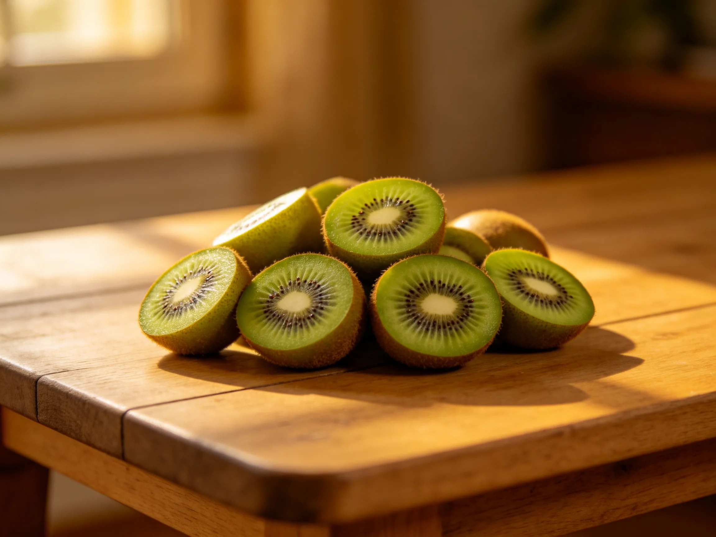 Freshly sliced green kiwis stacked on a wooden cutting board