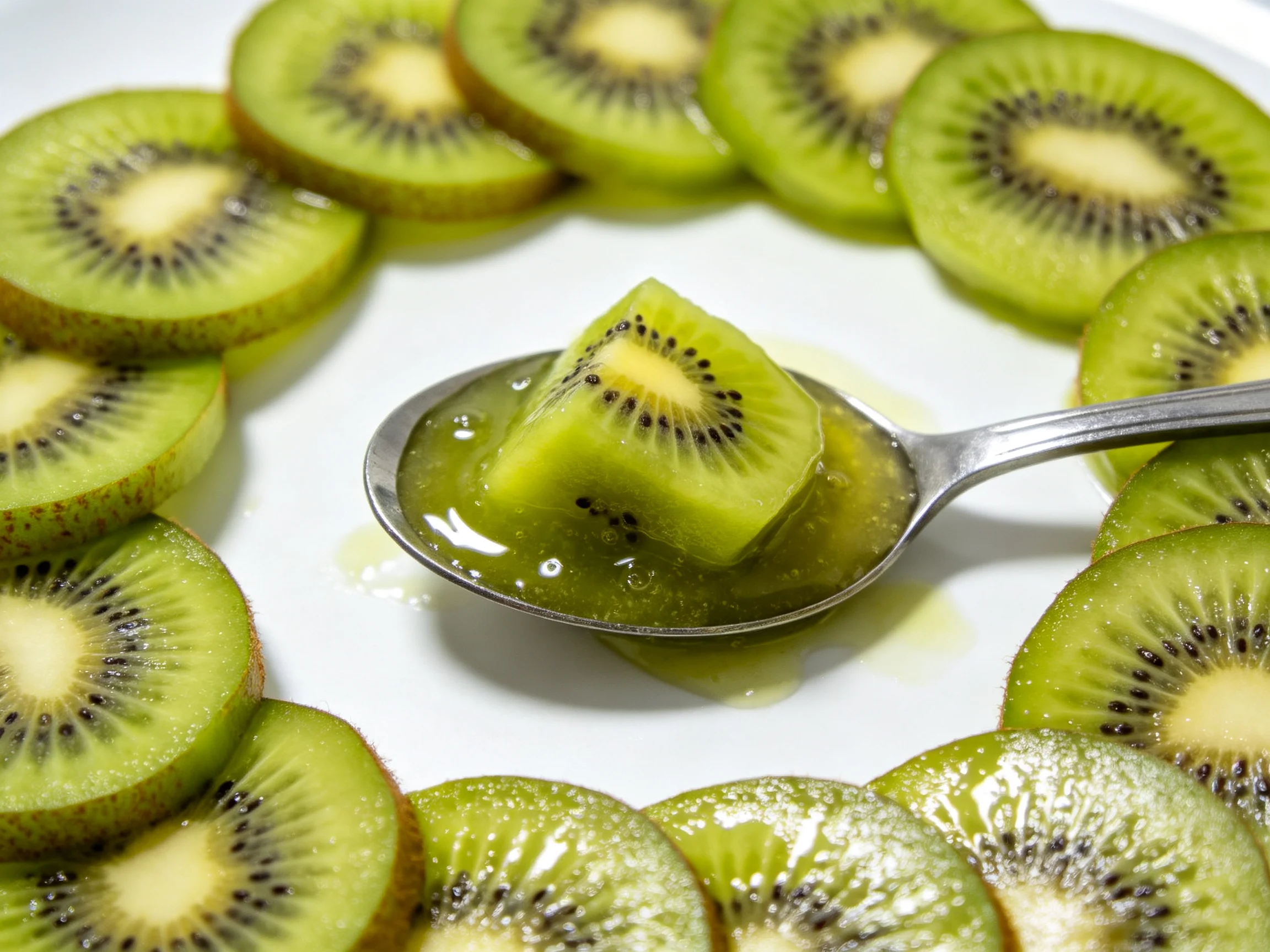 Freshly sliced kiwis arranged around a spoon with green fruit juice