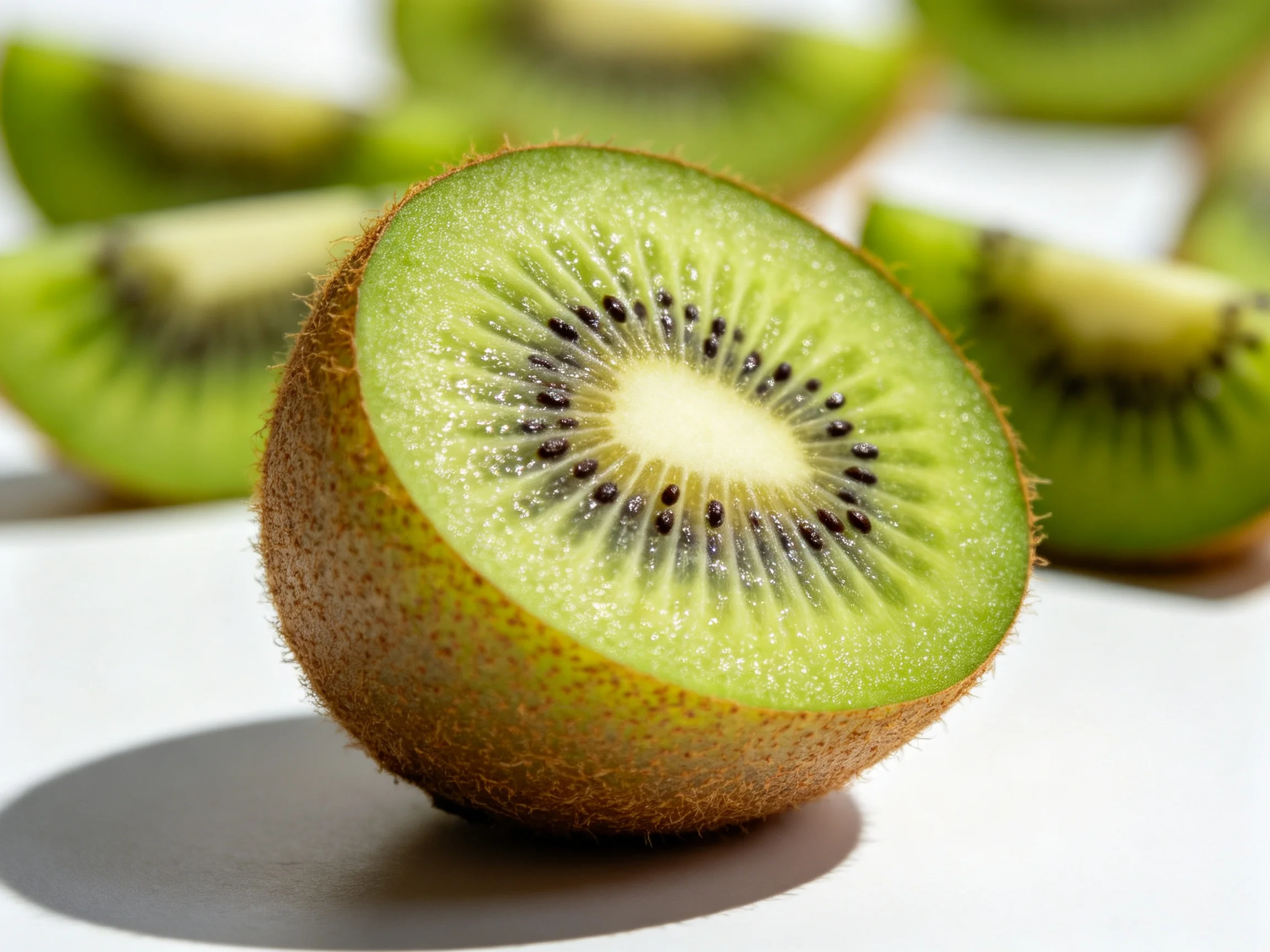 Freshly sliced kiwis with vibrant green interiors and textured brown exteriors