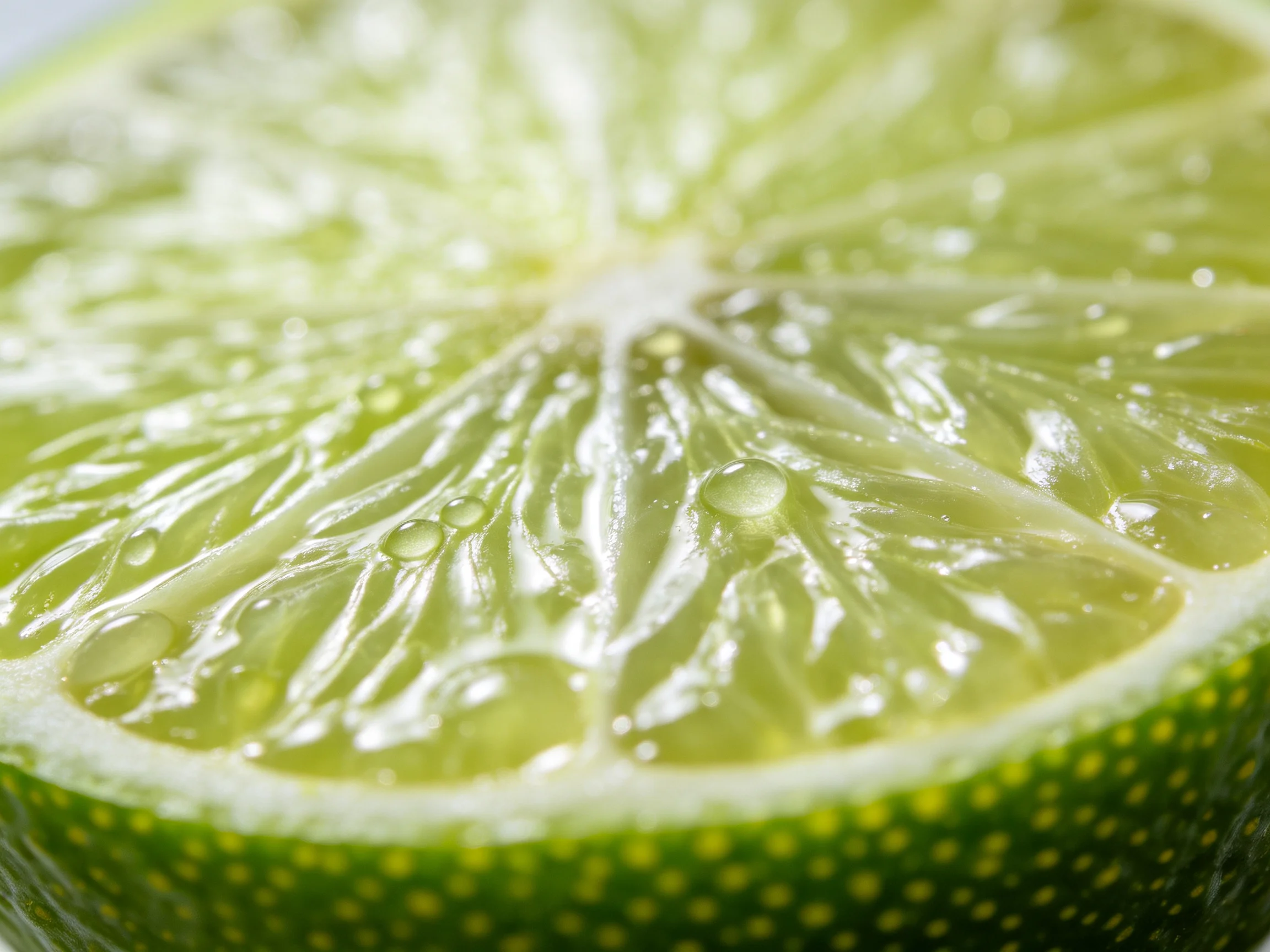 Freshly sliced lime with glistening citrus segments and textured green rind