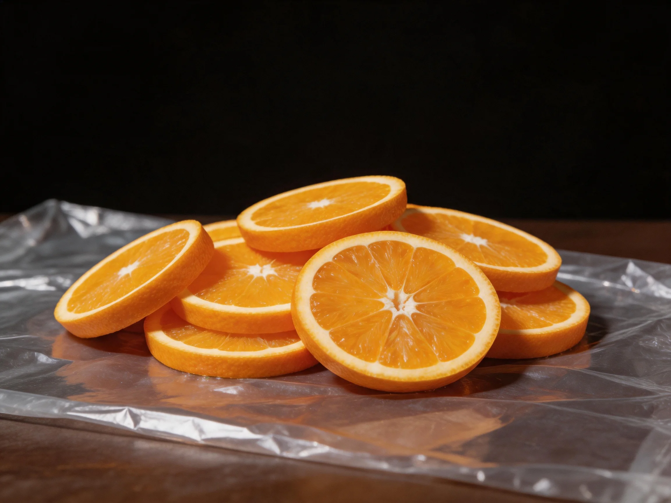 Freshly sliced orange halves arranged on a crinkled plastic sheet