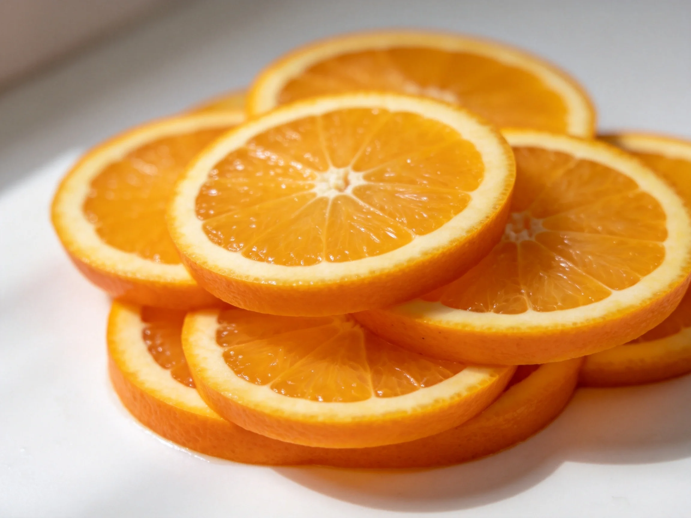 Freshly sliced orange rounds stacked on a white plate